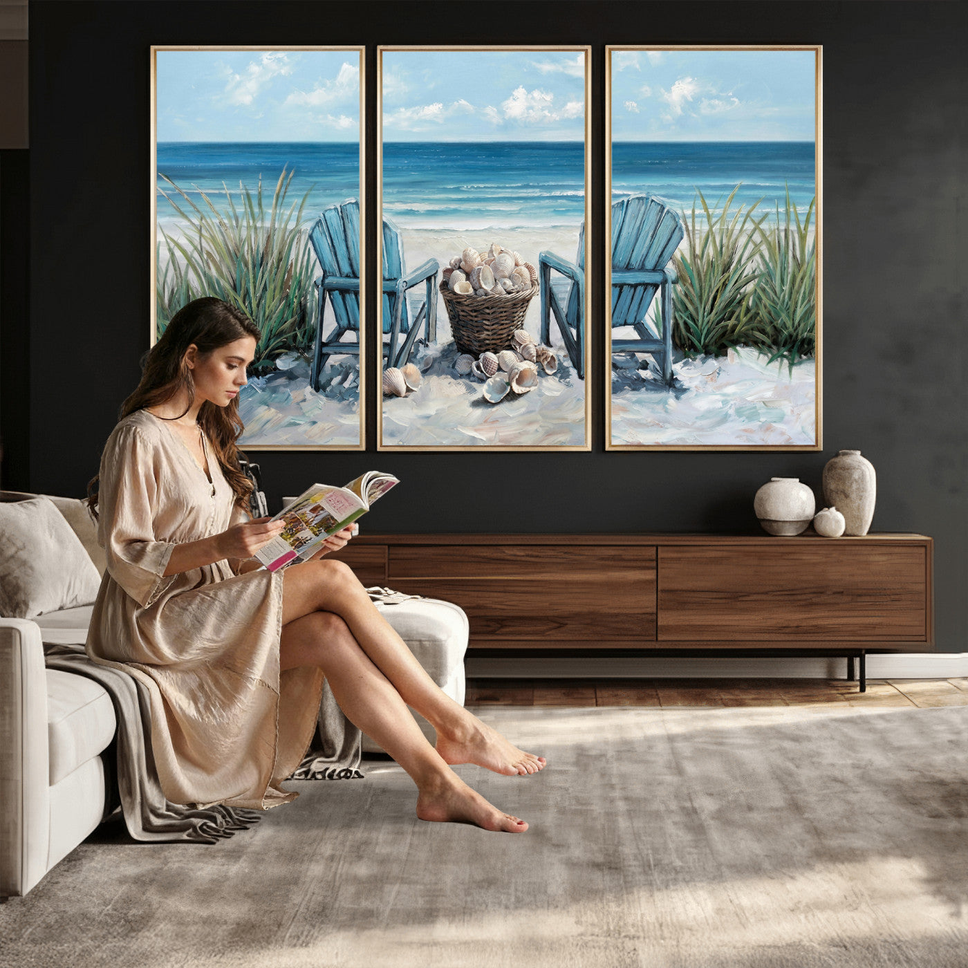 11973028-MGV-CV-36X24 - Beach Canvas Wall Art Coastal Adirondack Chairs Ocean Seashells Blue Nautical Framed Large for Living Room Bedroom Bathroom Decor