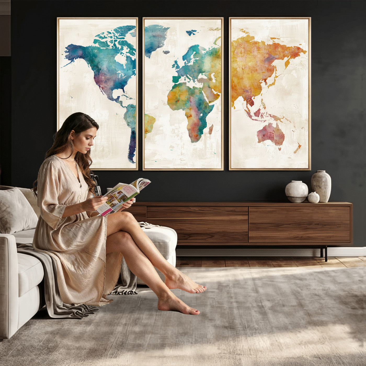 56556018-MGV-CV-36X24 - Watercolor World Map Canvas Wall Art Print – Abstract Colorful Travel Wall Decor
