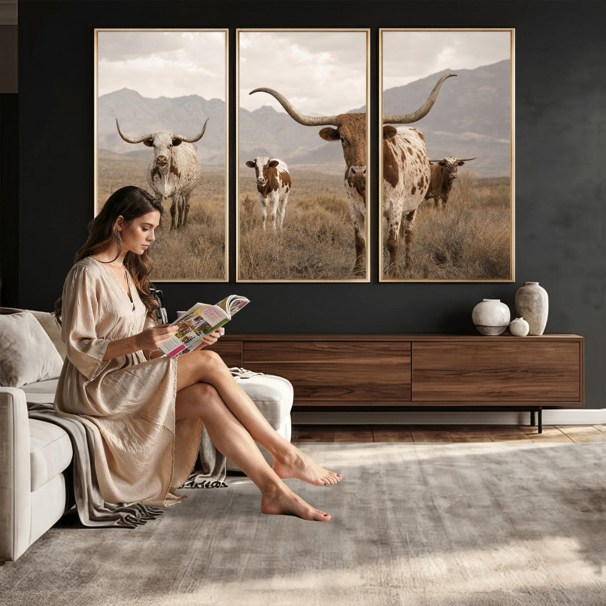 62336425AD-MGV-CV-36X24 - Rustic Texas Longhorn Cow Canvas Wall Art Print, Rustic Farm Animal Photography Print, Farmhouse Country Decor, Western Ranch Art