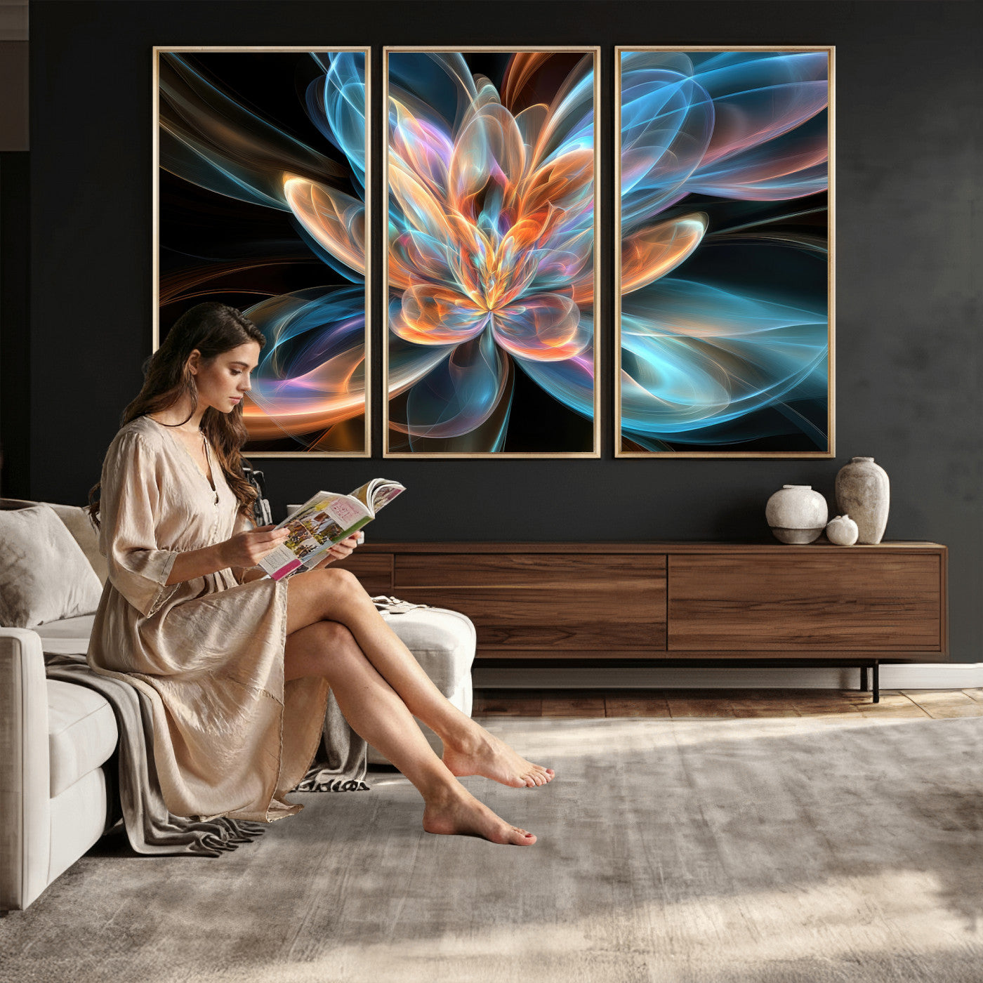 91902283-MGV-CV-36X24 - Fractal Lotus Canvas Wall Art, Blue Orange Glowing Flower Abstract Print, Modern Zen Meditation Room Decor, Ethereal Digital Art, Living Room