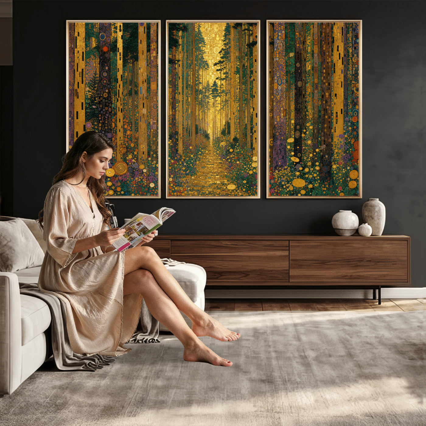 79483321G-MGV-CV-48X32-3P - Gustav Klimt Style Forest Canvas Wall Art, Golden Forest Path Floral Art Nouveau Print, Enchanted Woodland Decor