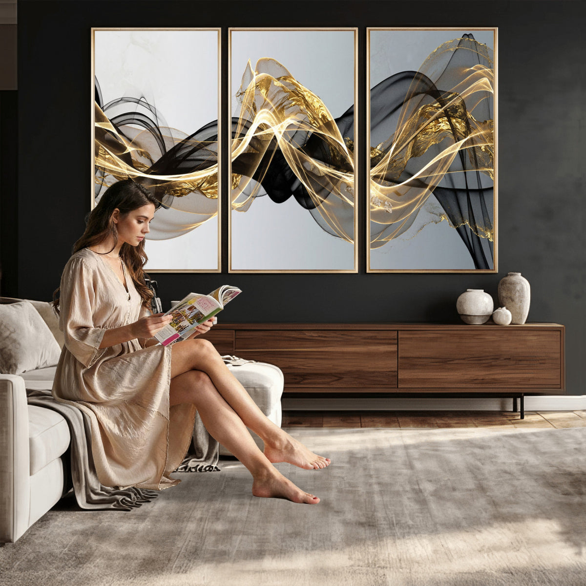 79483321DL-MGV-CV-36X24 - Black and Gold Abstract Wall Art, Modern Wave Canvas Print, Elegant Flowing Smoke Art, Luxury Living Room Decor