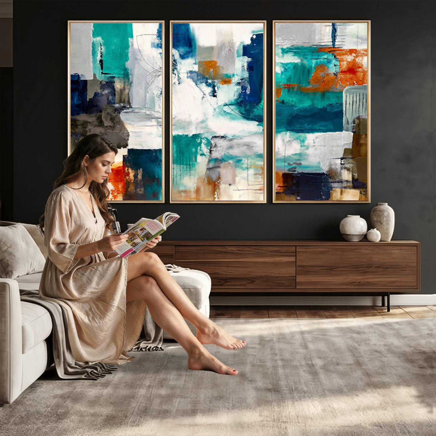 44038089-MGV-CV-36X24 - Blue Teal Abstract Canvas Wall Art, Modern Textured Painting Print, Navy Orange White Contemporary Art, Neutral Living Room Decor, Office Art