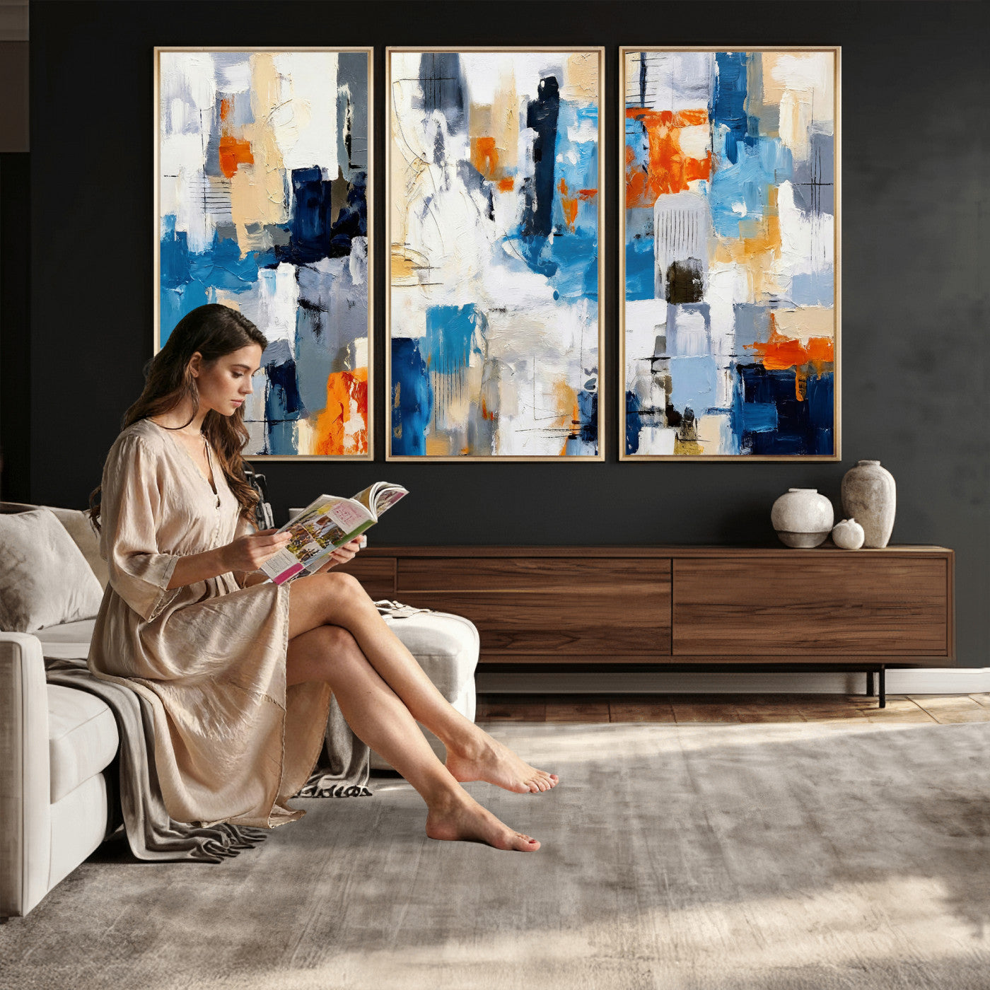 83915061-MGV-CV-36X24 - Blue Teal Abstract Canvas Wall Art, Modern Textured Painting Print, Navy Orange White Contemporary Art, Neutral Living Room Decor, Office Art