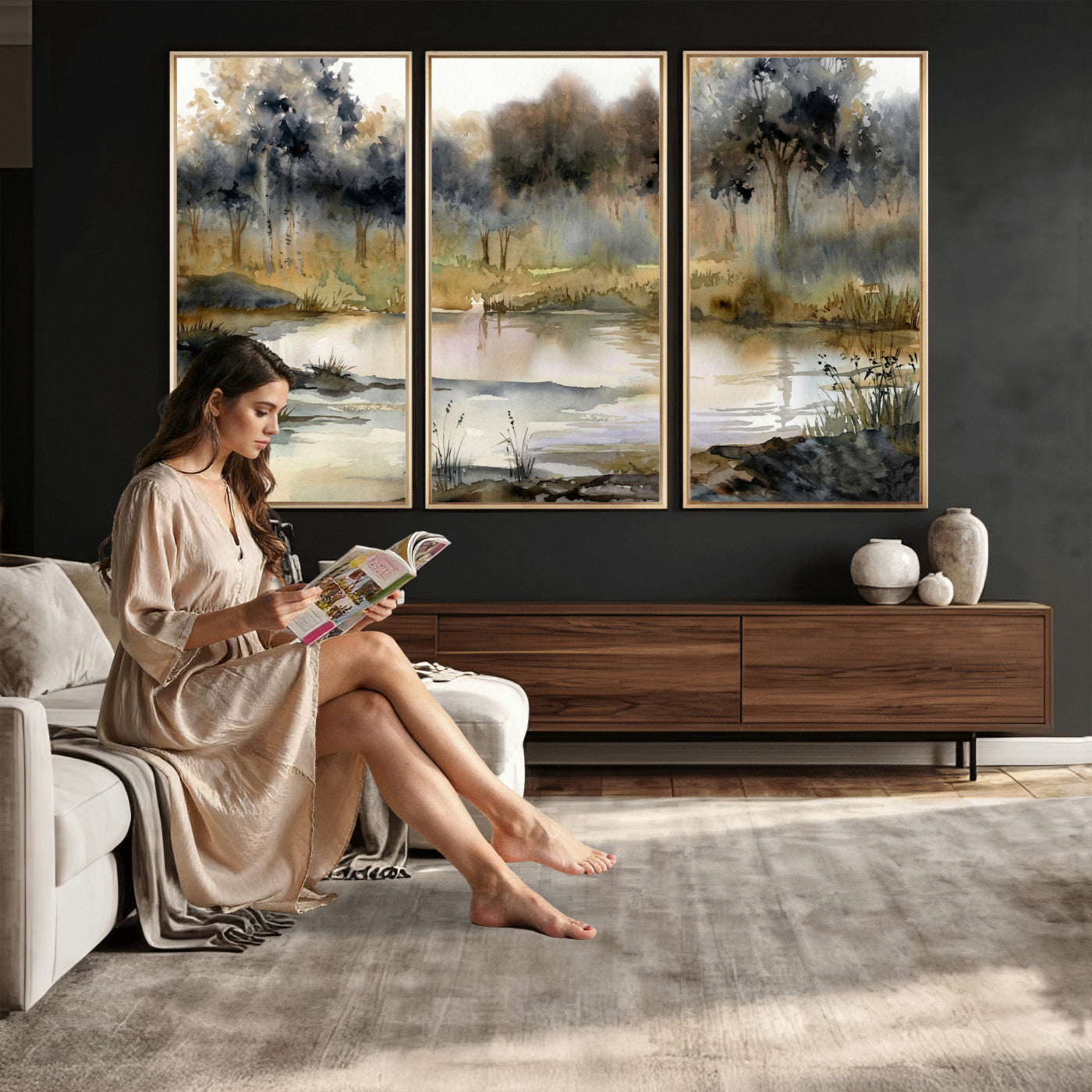 27383609-MGV-CV-36X24 - Abstract WatercolorAutumn Lake Canvas Wall Art Print, Misty Forest Landscape, Rustic Nature Painting, Cabin Wall Decor, Ready to Hang