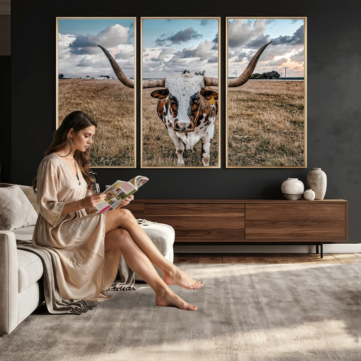 17464823-MGV-CV-36X24 - Texas Longhorn Canvas Wall Art Print - Western Cow Photography, Rustic Ranch Decor, Farmhouse Wall Art, Ready to Hang