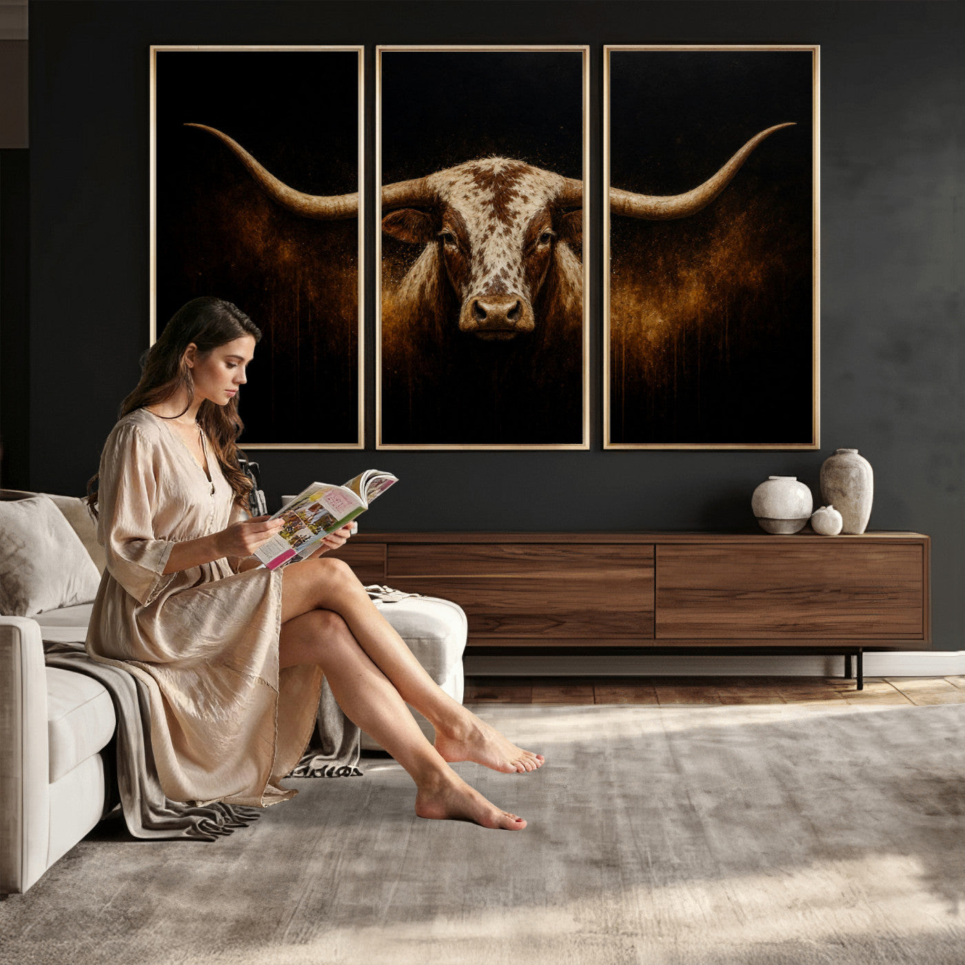 12628958-MGV-CV-36X24 - Texas Longhorn Canvas Wall Art Moody Western Bull Oil Painting Print