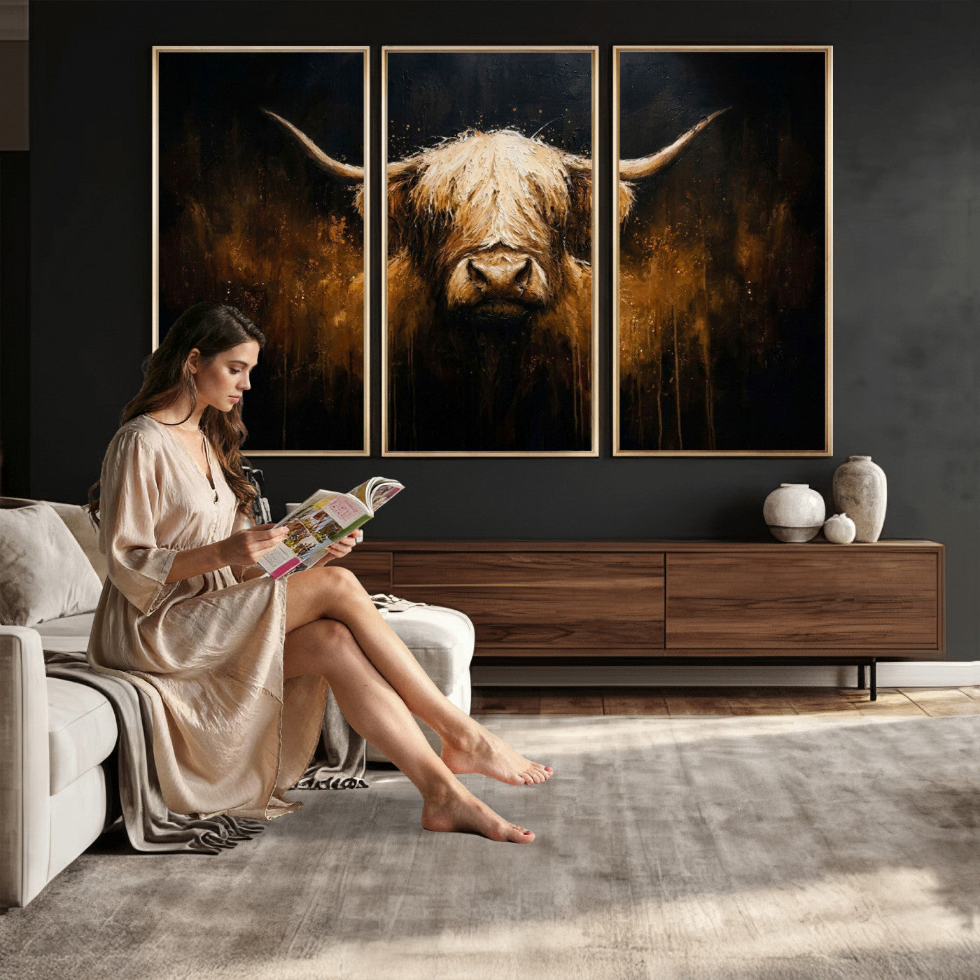 79873059-MGV-CV-36X24 - Rustic Highland Cow Canvas Print Dark Farmhouse Cattle Wall Decor