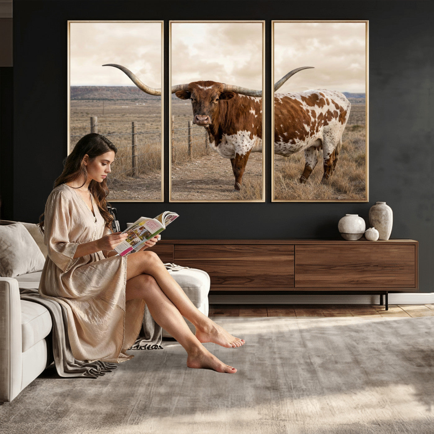 22808364-MGV-CV-36X24 - Texas Longhorn Cattle in Desert Pasture Wall Art Canvas Print - Rustic Western Decor