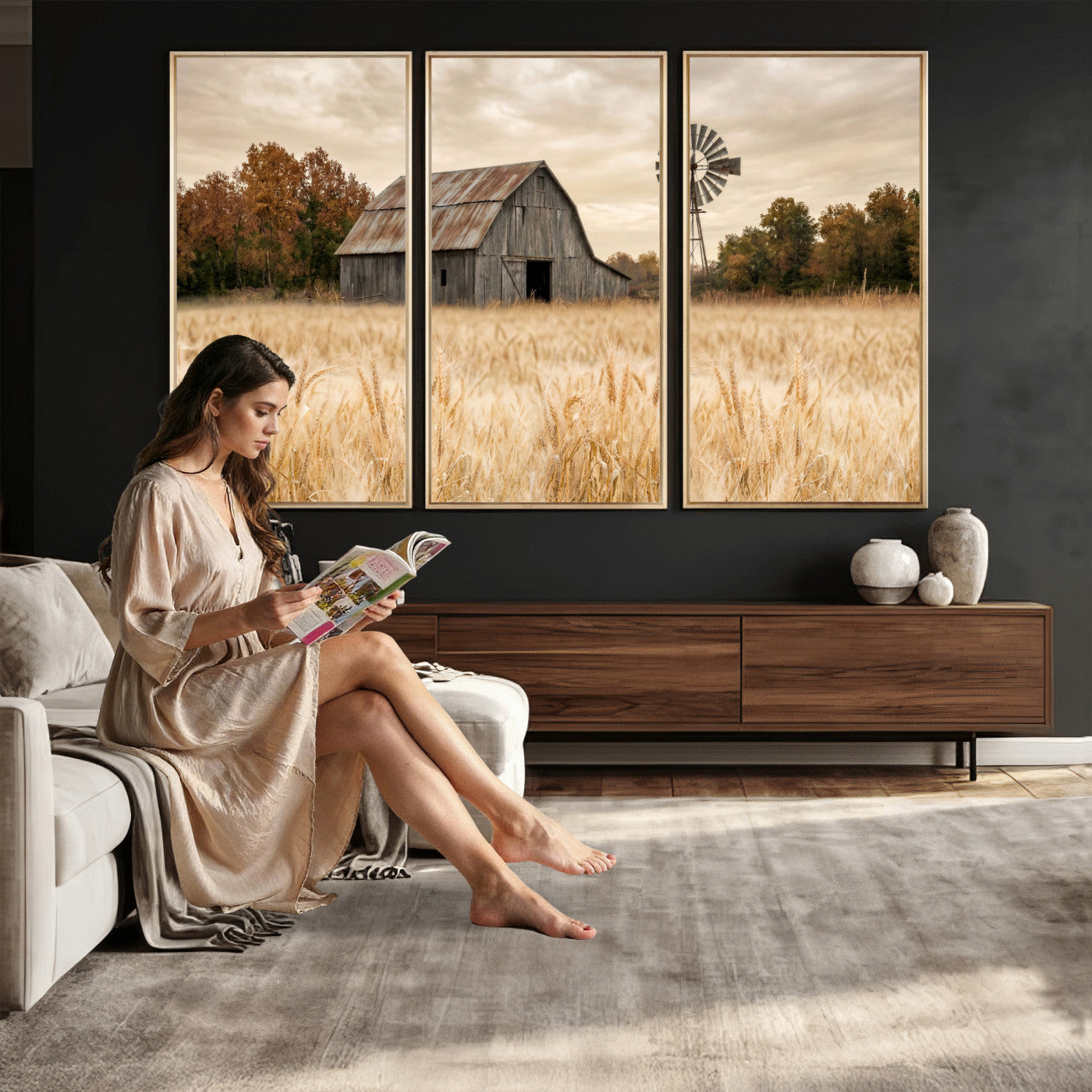 99640659-MGV-CV-36X24 - Rustic Farmhouse Barn and Windmill Wall Art Canvas Print, Country Landscape Photography Print