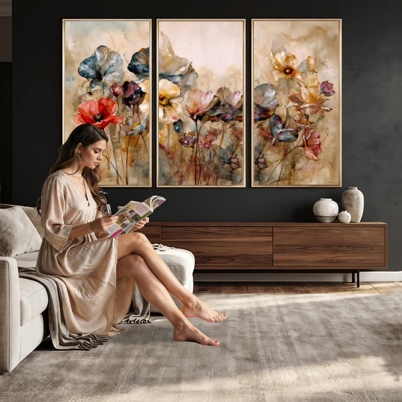 11407233-MGV-CV-36X24 - Vintage Dried Floral Meadow Wall Art Canvas Print, Translucent Watercolor Flowers Painting Print