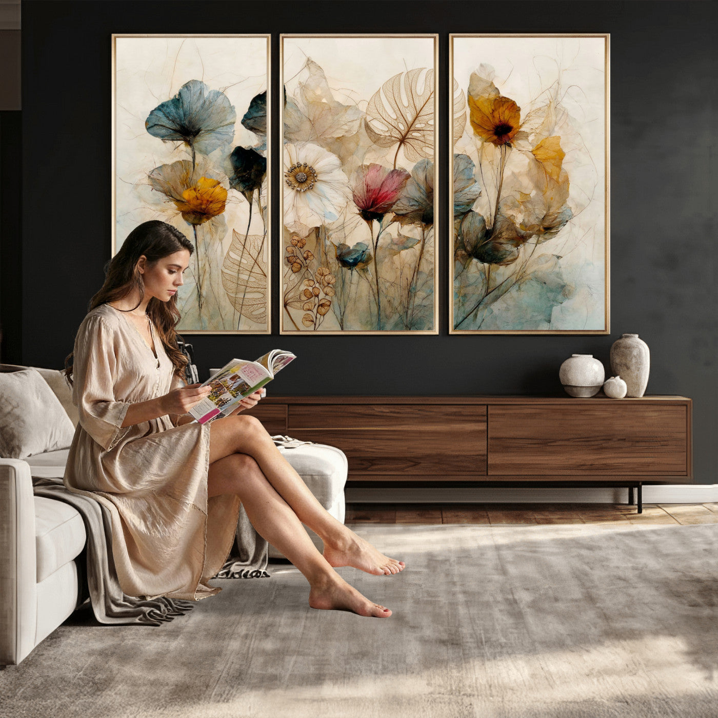 93171612-MGV-CV-36X24 - Vintage Dried Floral Meadow Wall Art Canvas Print, Translucent Watercolor Flowers Painting Print