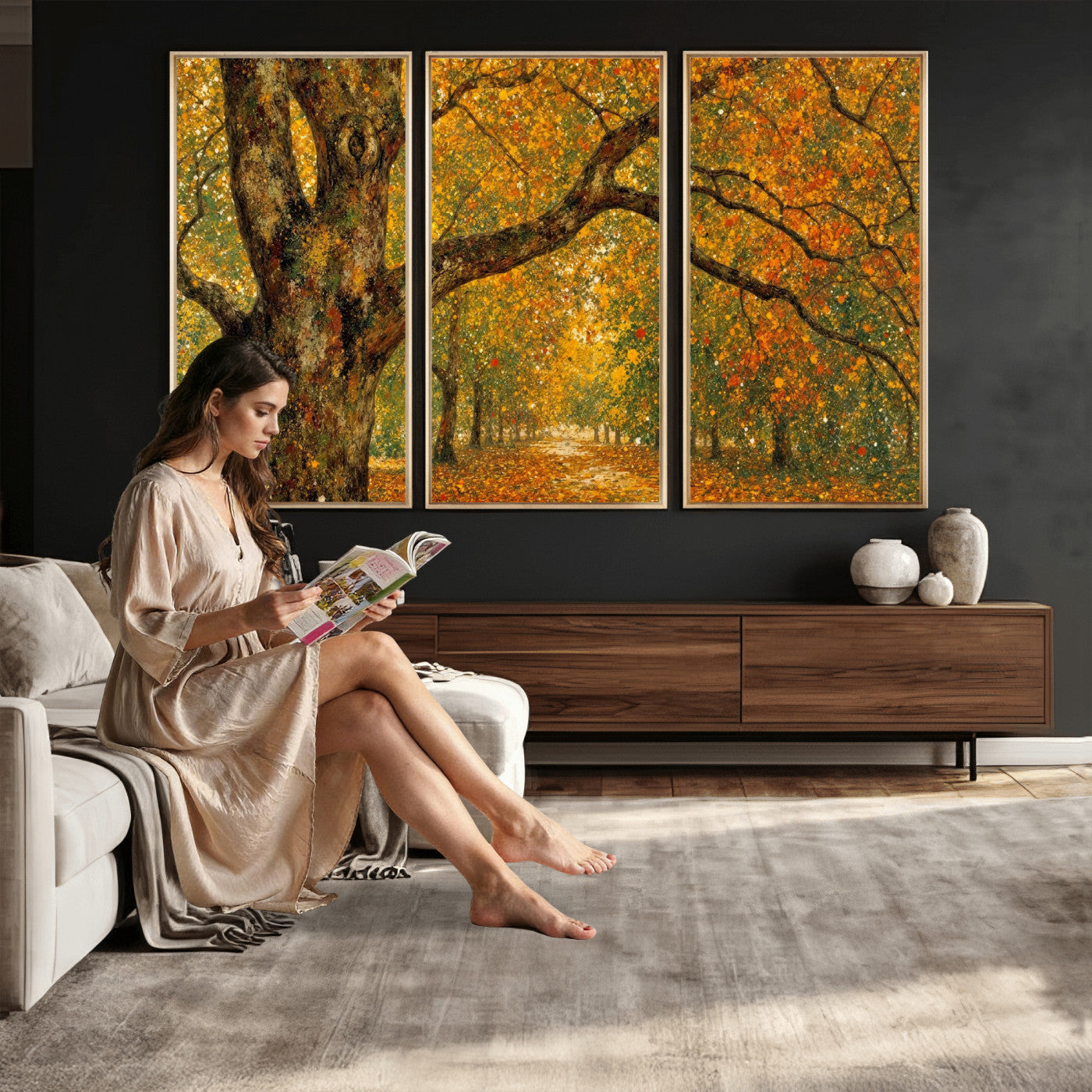 11536138-MGV-CV-36X24 - Vintage Autumn Forest Path Wall Art Canvas Print, Golden Leaves Impressionist Painting Print