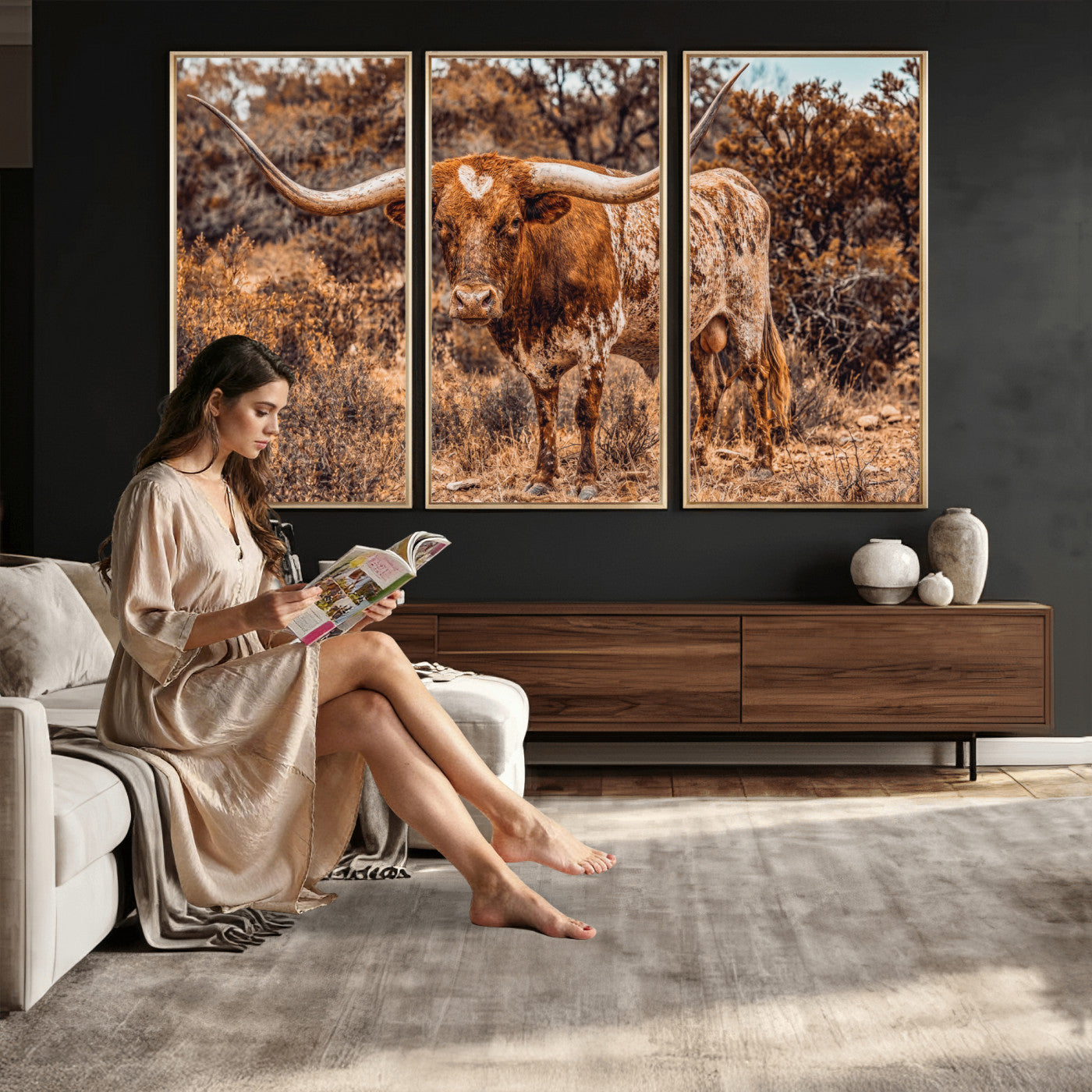 62076449-MGV-CV-36X24 - Texas Cow Bull Longhorn Print for Western Wall Art Decor for Farmhouse
