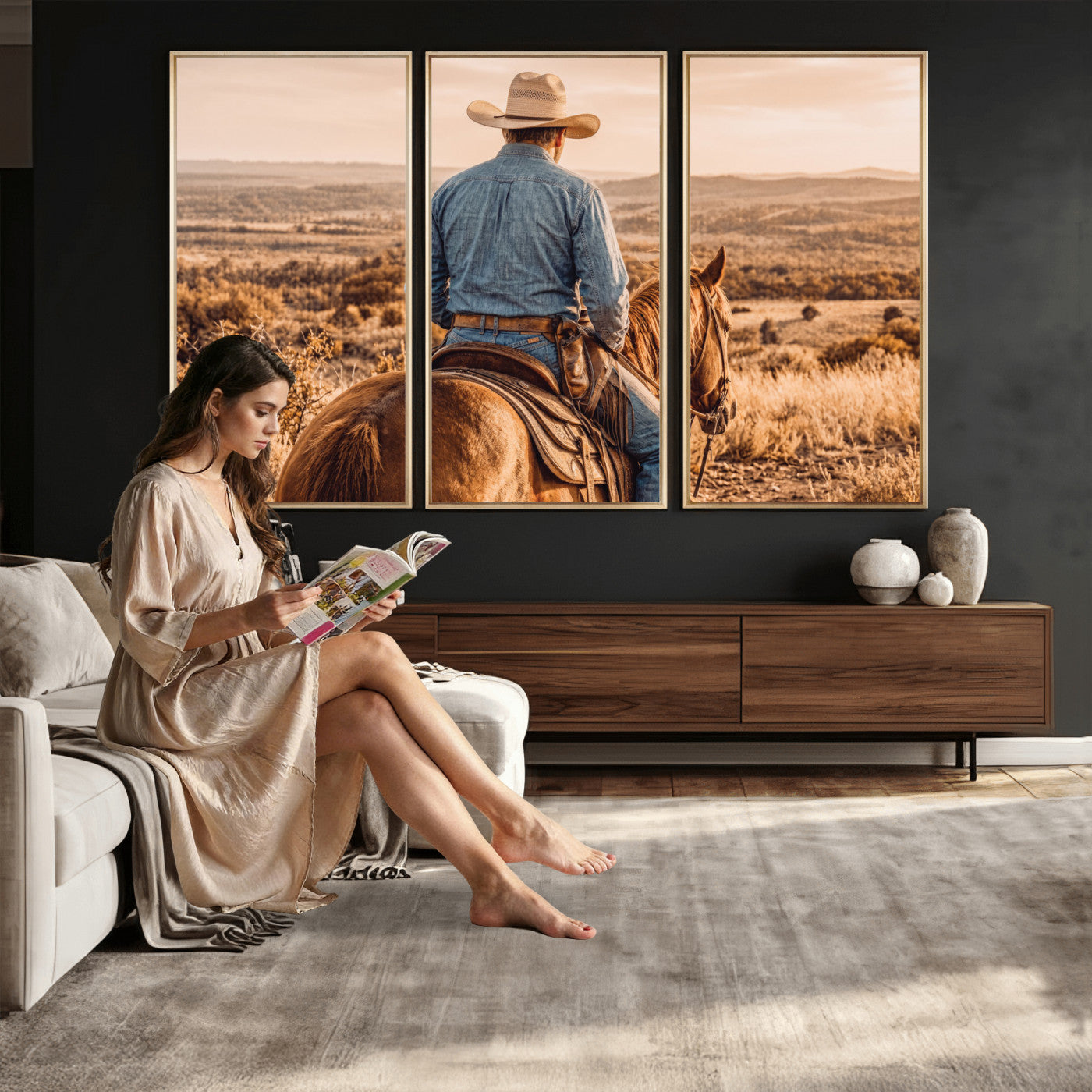 62076449-MGV-CV-36X24 - Texas Cowboy and Horse Print for Western Wall Art Decor for Farmhouse