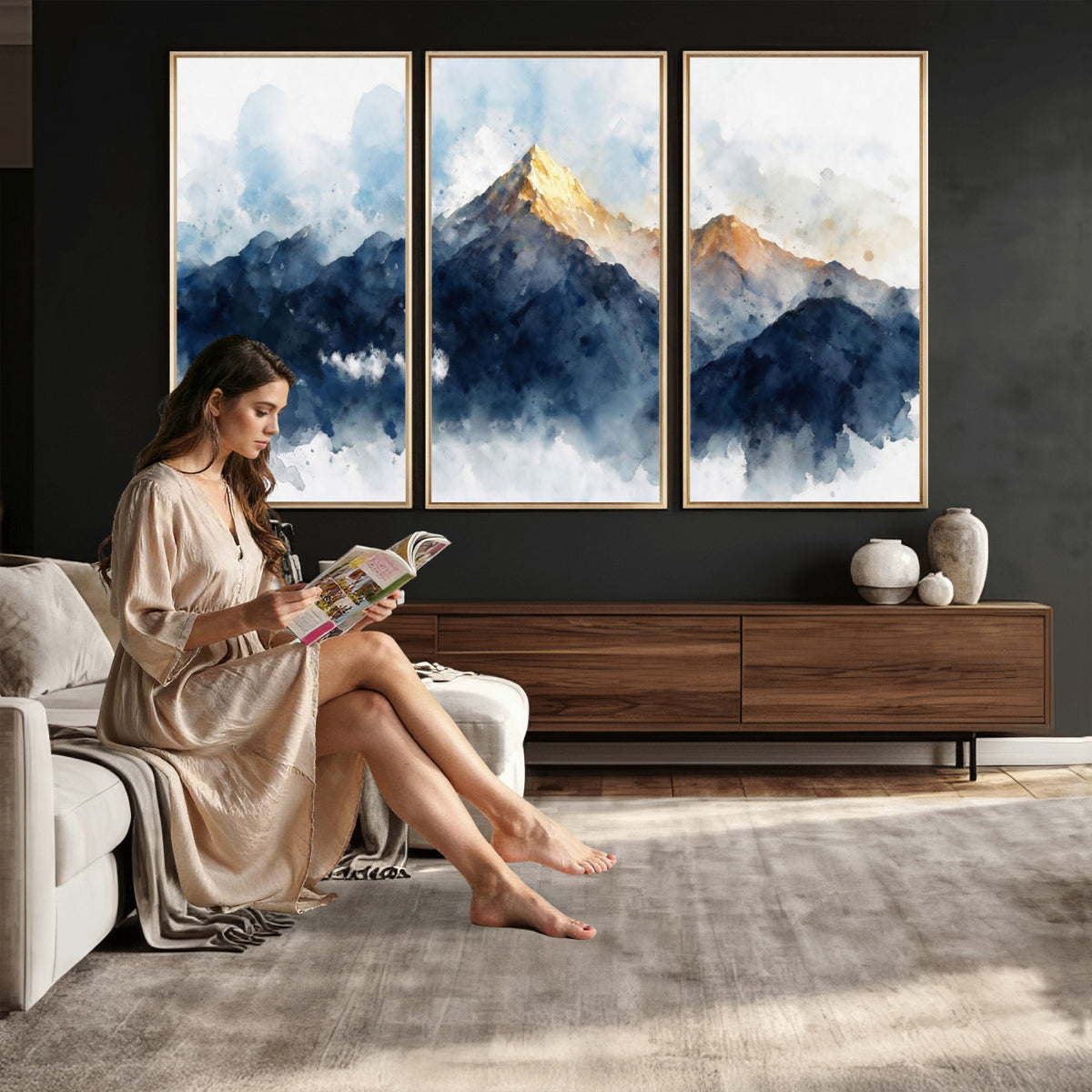 62076449DG1-MGV-CV-36X24 - Abstract Watercolor Mountain Lake Wall Art Print for Living Room Decor