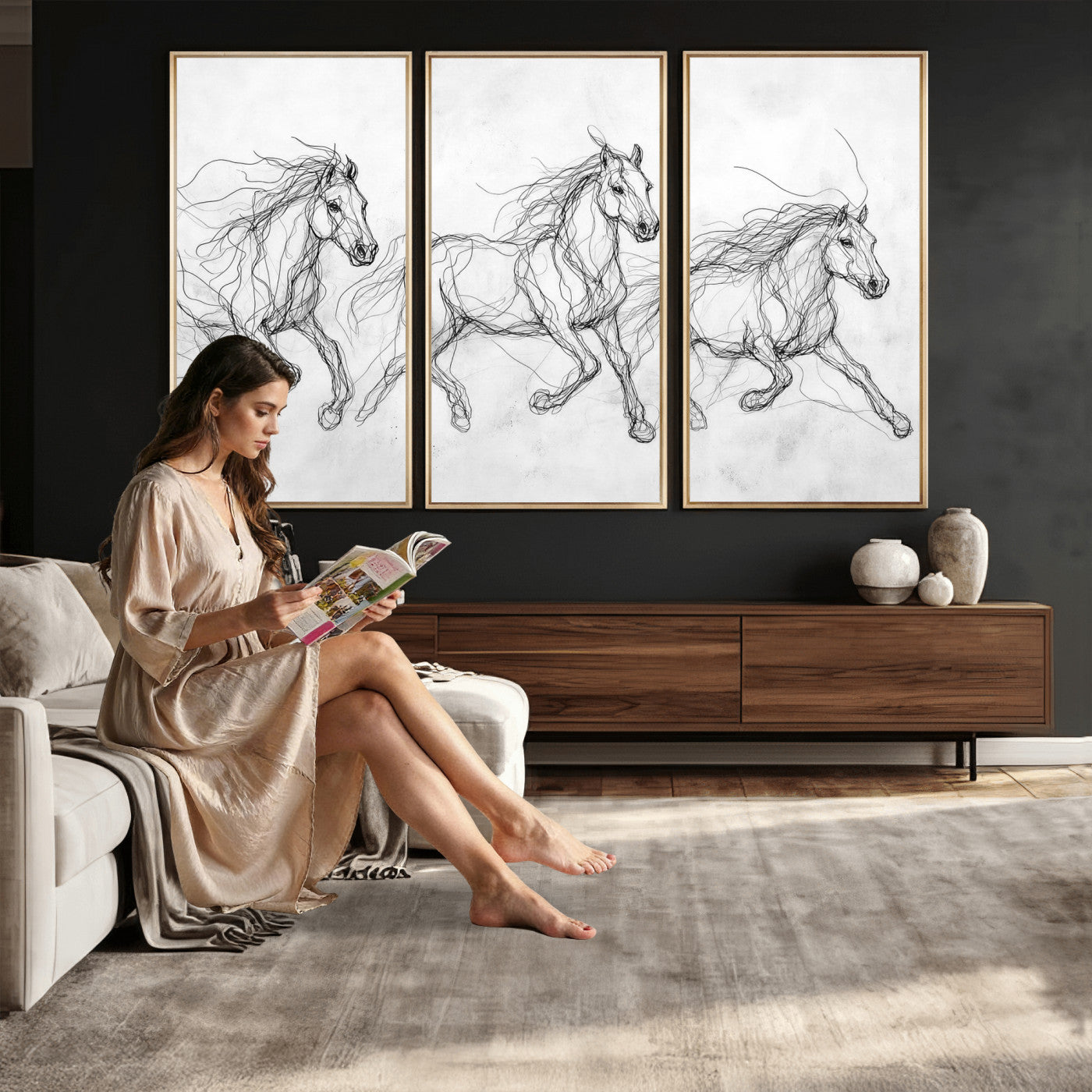 53600119-MGV-CV-36X24 - Monochrome Horse Canvas Wall Art, Black Ink Sketch Wild Horses Print, Minimalist Equestrian Artwork, Modern Abstract Line Decor, Urban Loft Gift