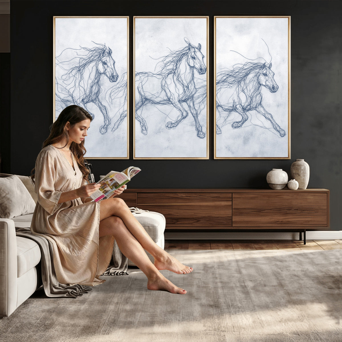 41163601-MGV-CV-36X24 - Indigo Blue Horse Line Art Canvas, Steel Grey Wild Horses Print, Abstract Navy Scribble Artwork, Modern Slate Equine Wall Decor, Coastal Ranch Gift