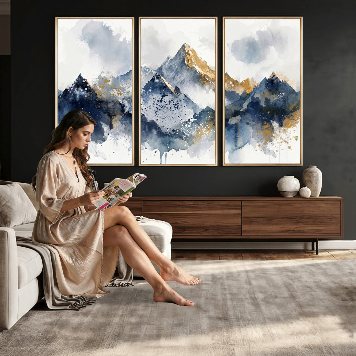 87460616-MGV-CV-36X24 - Abstract Mountain Canvas Wall Art, Blue Gold Foil Landscape Print, Modern Indigo Watercolor Poster, Large Abstract Nature, Luxury Office Gift