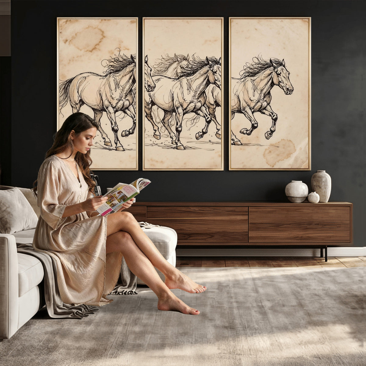 18242163-MGV-CV-36X24 - Vintage Horse Sketch Canvas Wall Art, Wild Horses Pencil Drawing Print, Antique Parchment Western Decor, Equine Sketching, Country Manor Gift