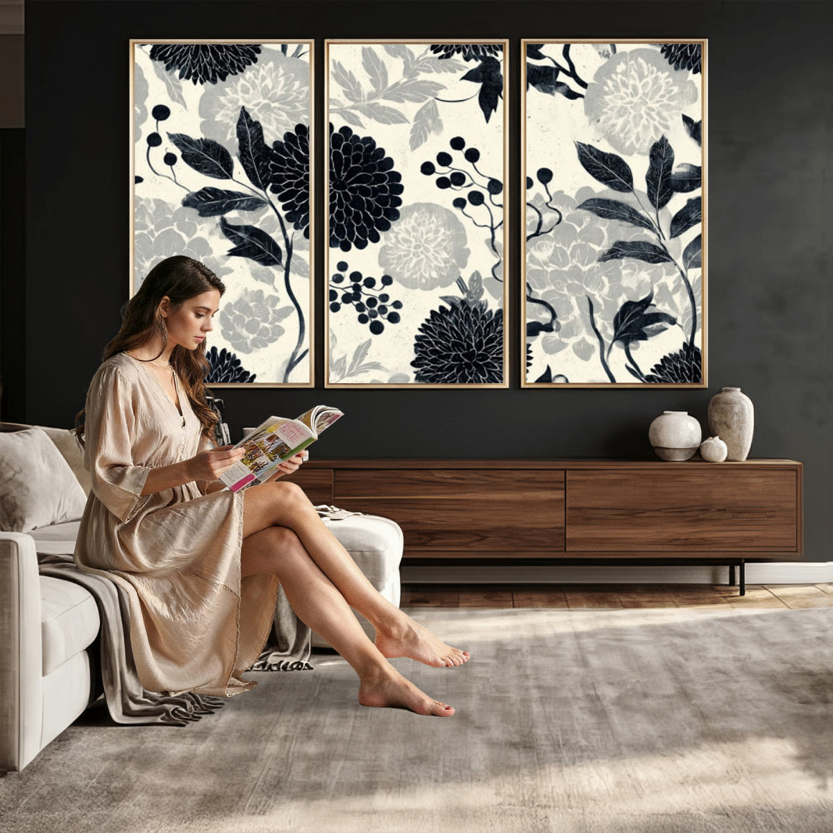 61524791-MGV-CV-36X24 - Vintage Black Chrysanthemum Wall Art Canvas Print, Monochrome Dhalia Floral Painting Print