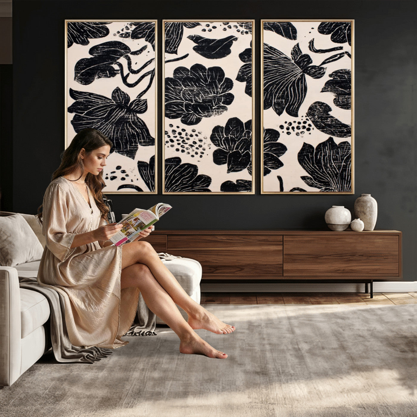 81787117-MGV-CV-36X24 - Linocut Black Lotus Floral Wall Art Canvas Print, Vintage Monochrome Botanical Painting Print