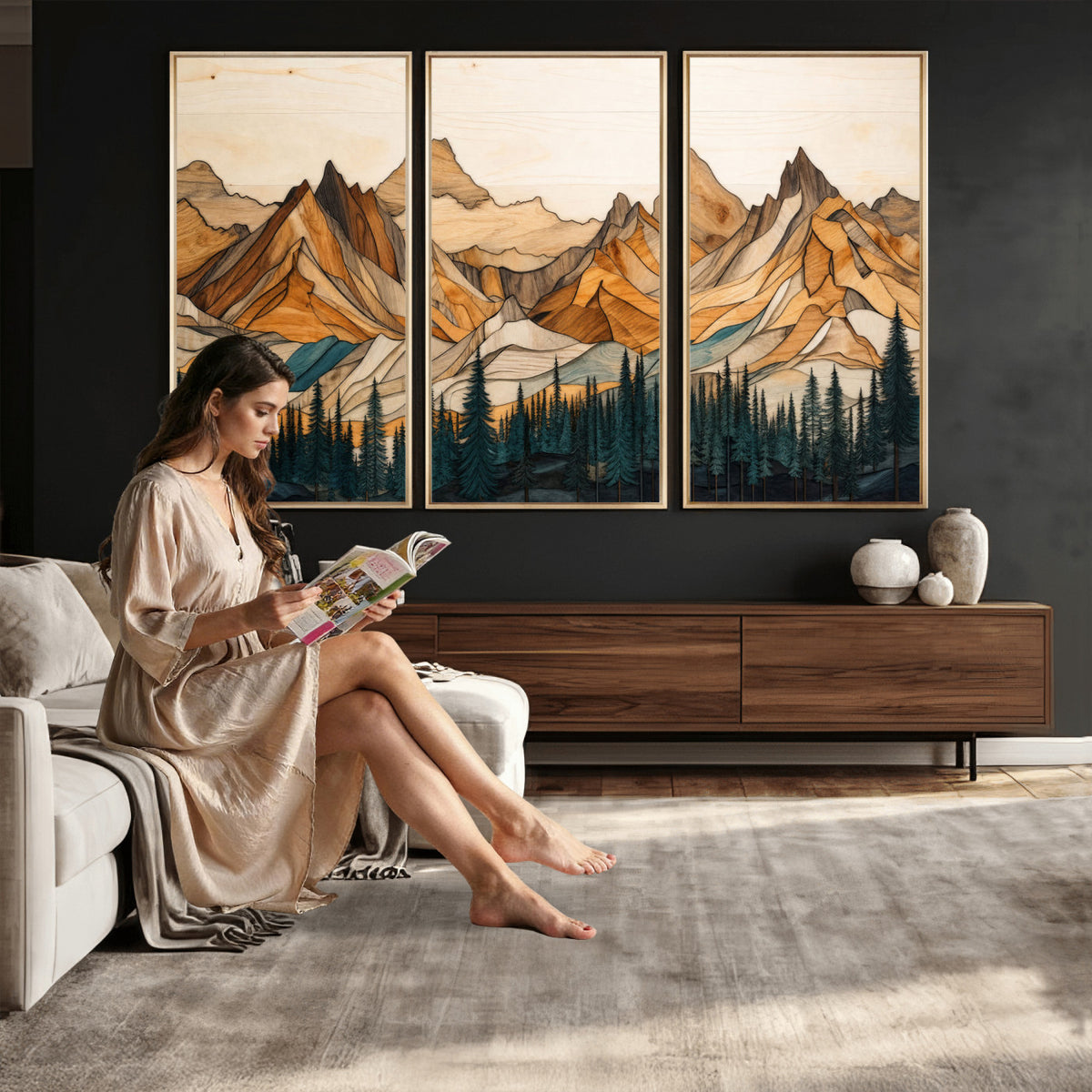 57384313-MGV-CV-48X32-3P - Mountain Landscape Canvas Wall Art with Wood Grain Effect, Golden Peaks and Teal Pine Forest, Framed Cabin Decor