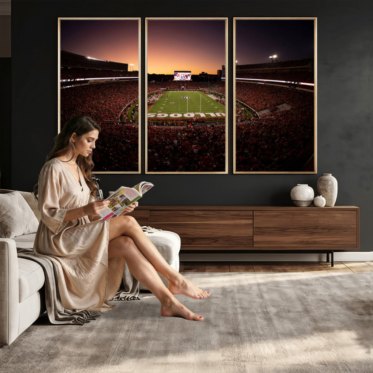 97720998-_Poster-30x20 - Georgia Bulldogs Stadium Sunset Canvas Print 3 Piece Framed Wall Art Extra Large Floating Frame Sports Poster Made in USA