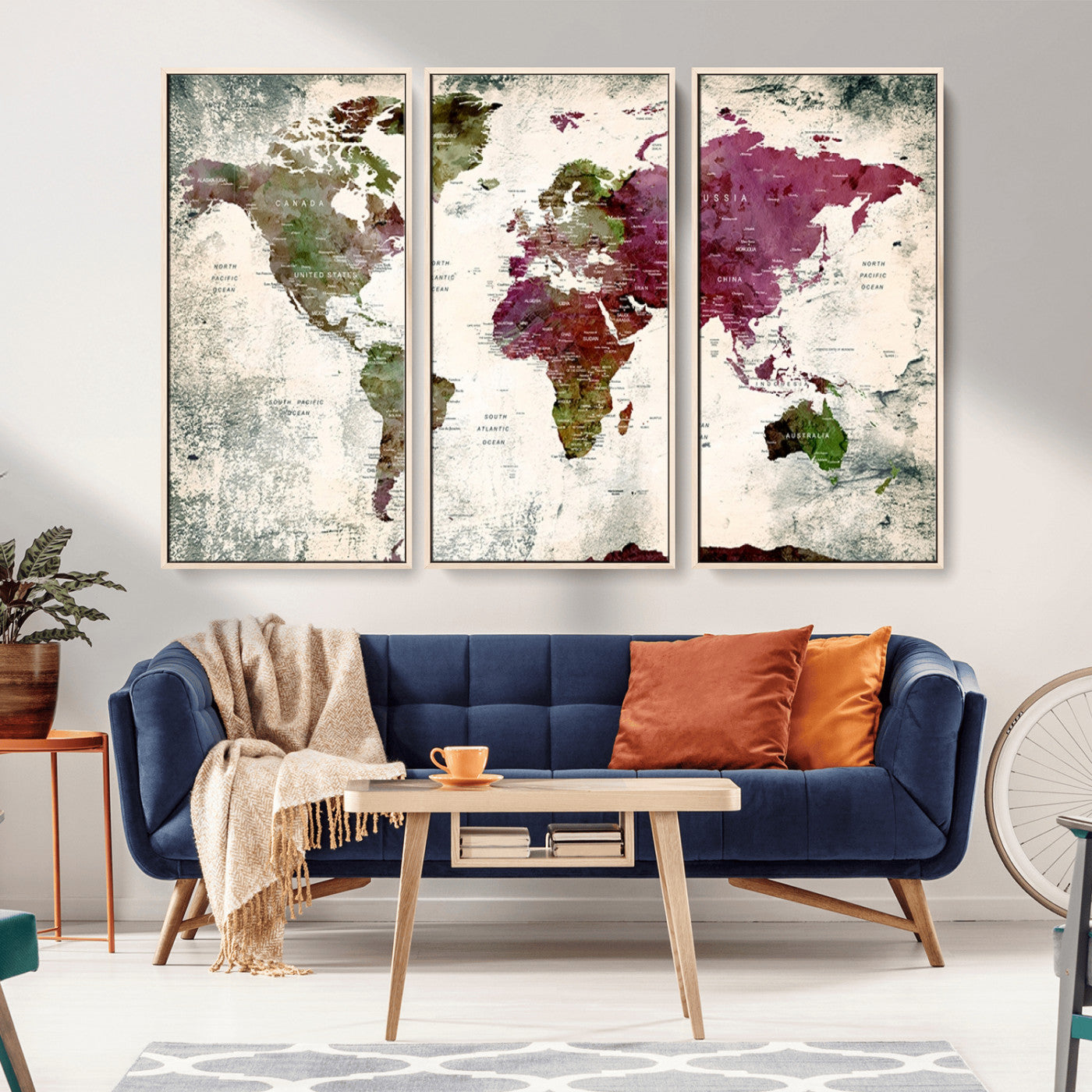 -Vintage Watercolor Push Pin World Map Canvas – Framed Travel Wall Art for Home and Office Decor