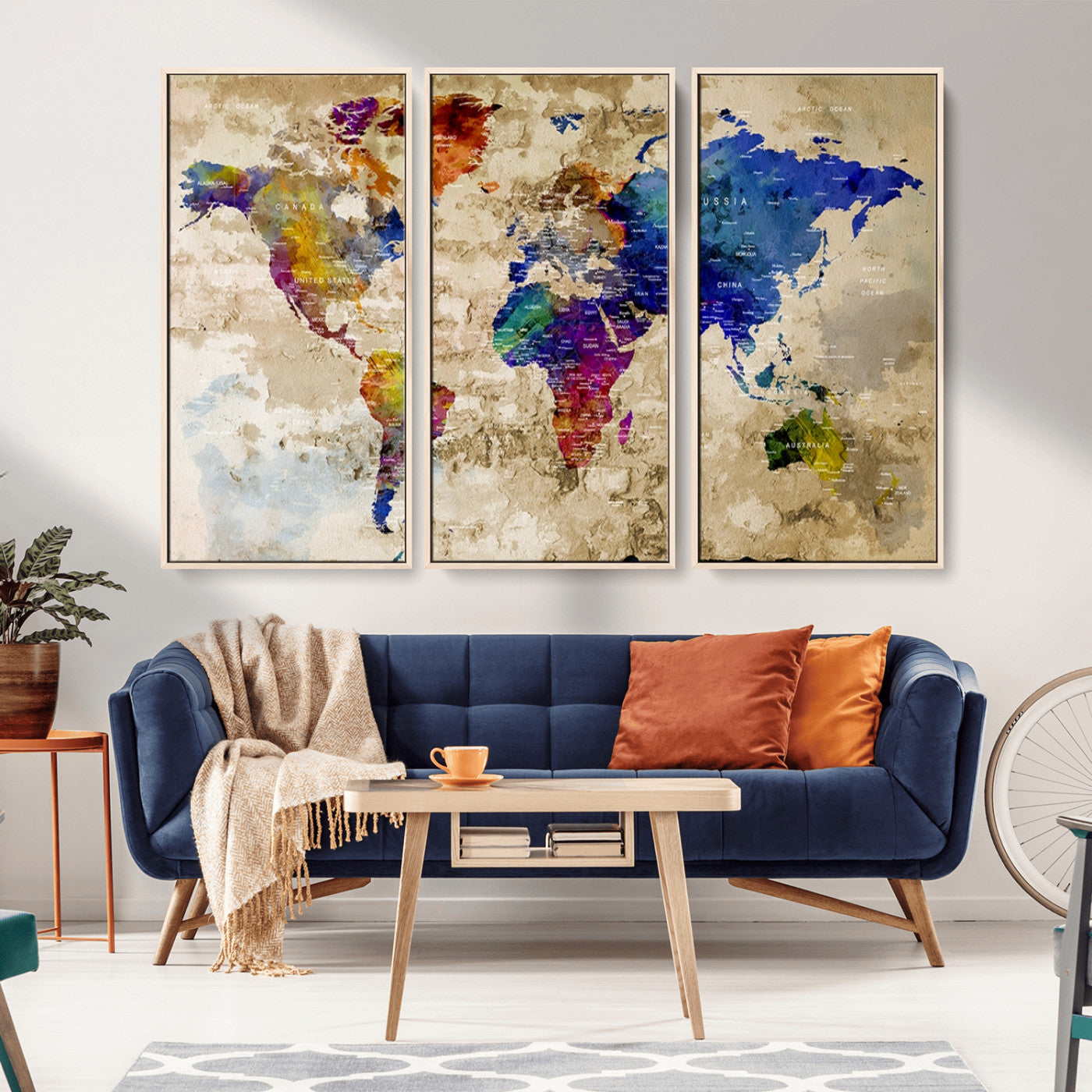 92939-MGV-CV-36X24-Colorful World Map Canvas Wall Art – Abstract Watercolor Map Print, Modern Travel Decor for Home Office or Study