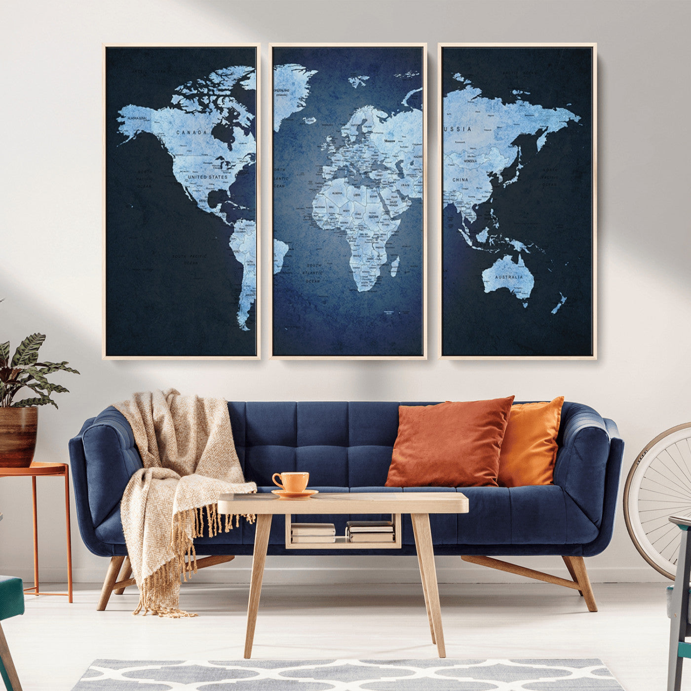 -Blue World Map Canvas Wall Art – Framed Modern Push Pin Travel Map for Home and Office Decor, Elegant Navy Global Wall Artwork for Travelers