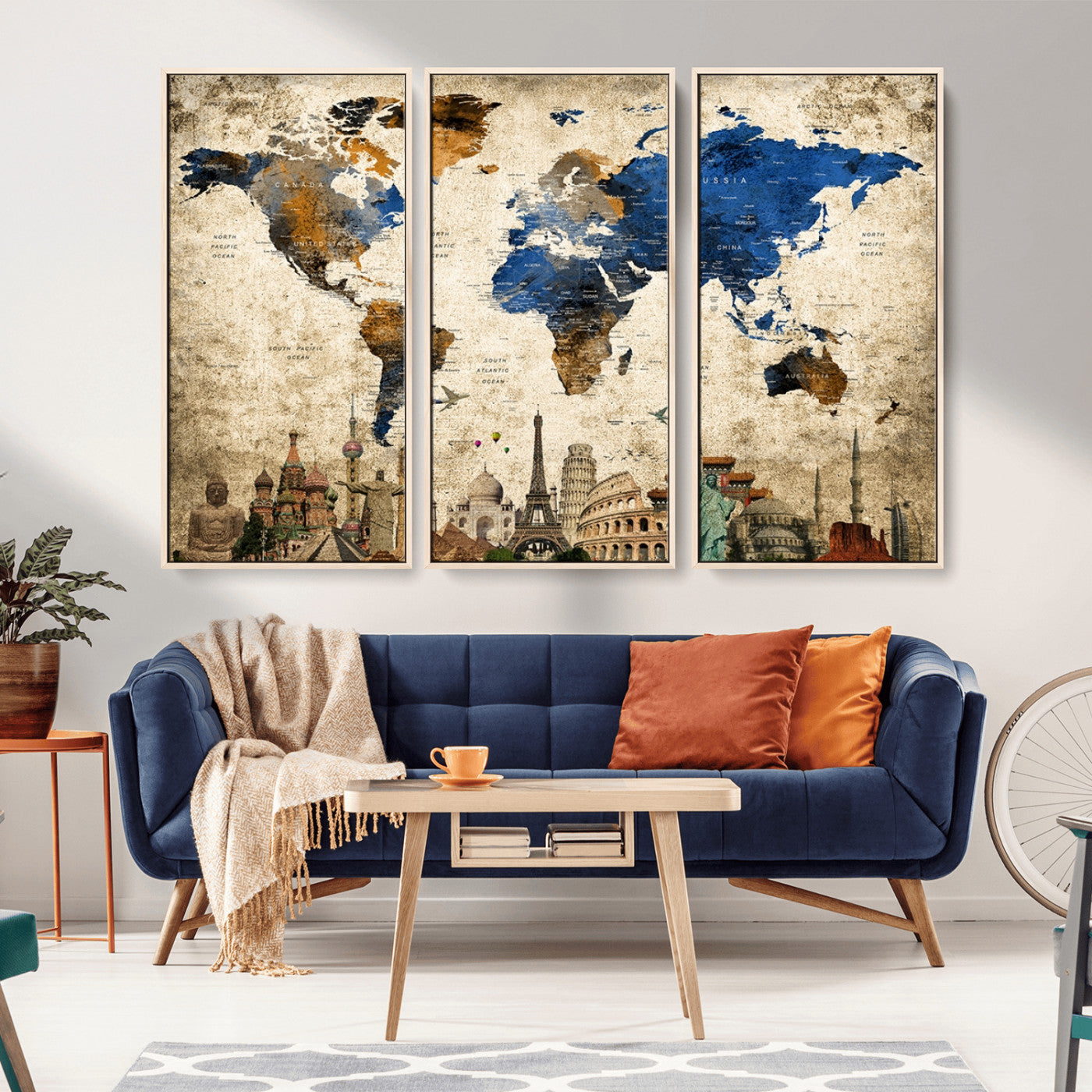 20261-MGV-CV-36X24-World Map Canvas Print – Vintage Blue and Gold World Map Wall Art, Framed Travel Inspired Decor for Living Room or Office