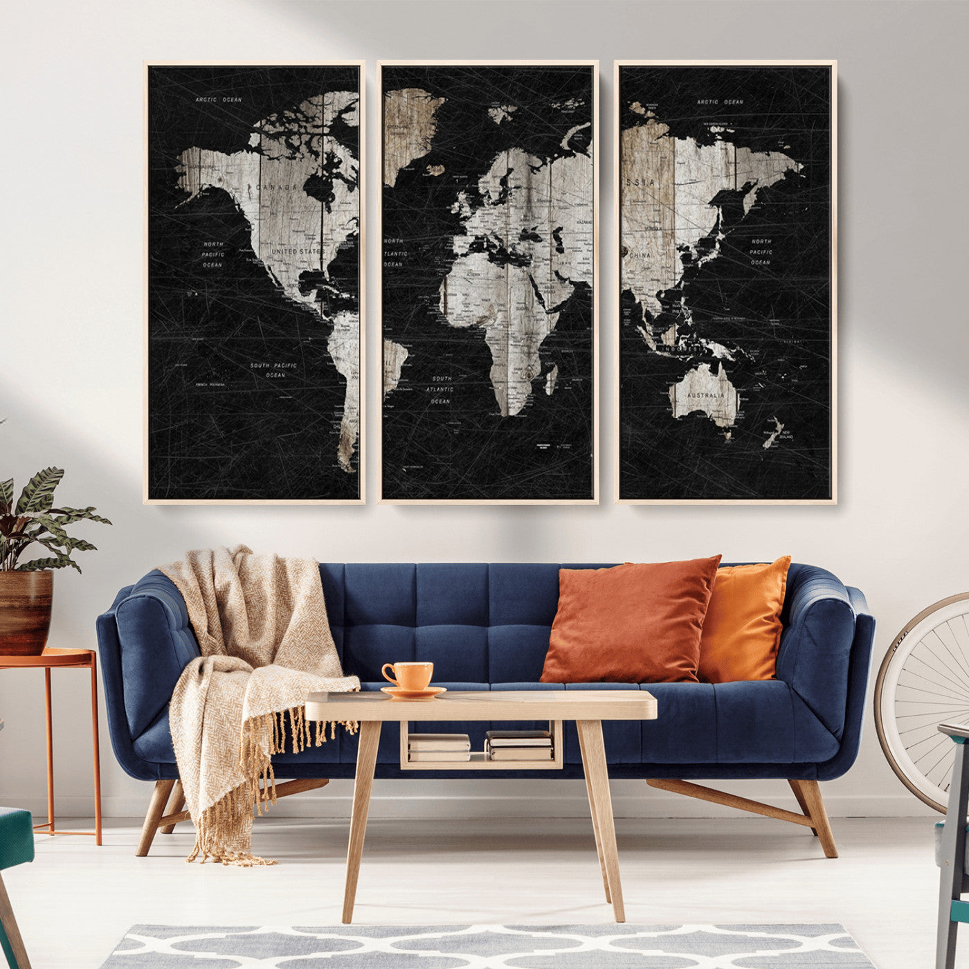 89998-MGV-CV-36X24-Rustic Black and Wood World Map Canvas Wall Art – Framed Push Pin Travel Map for Home and Office Decor, Modern Vintage Wall Artwork