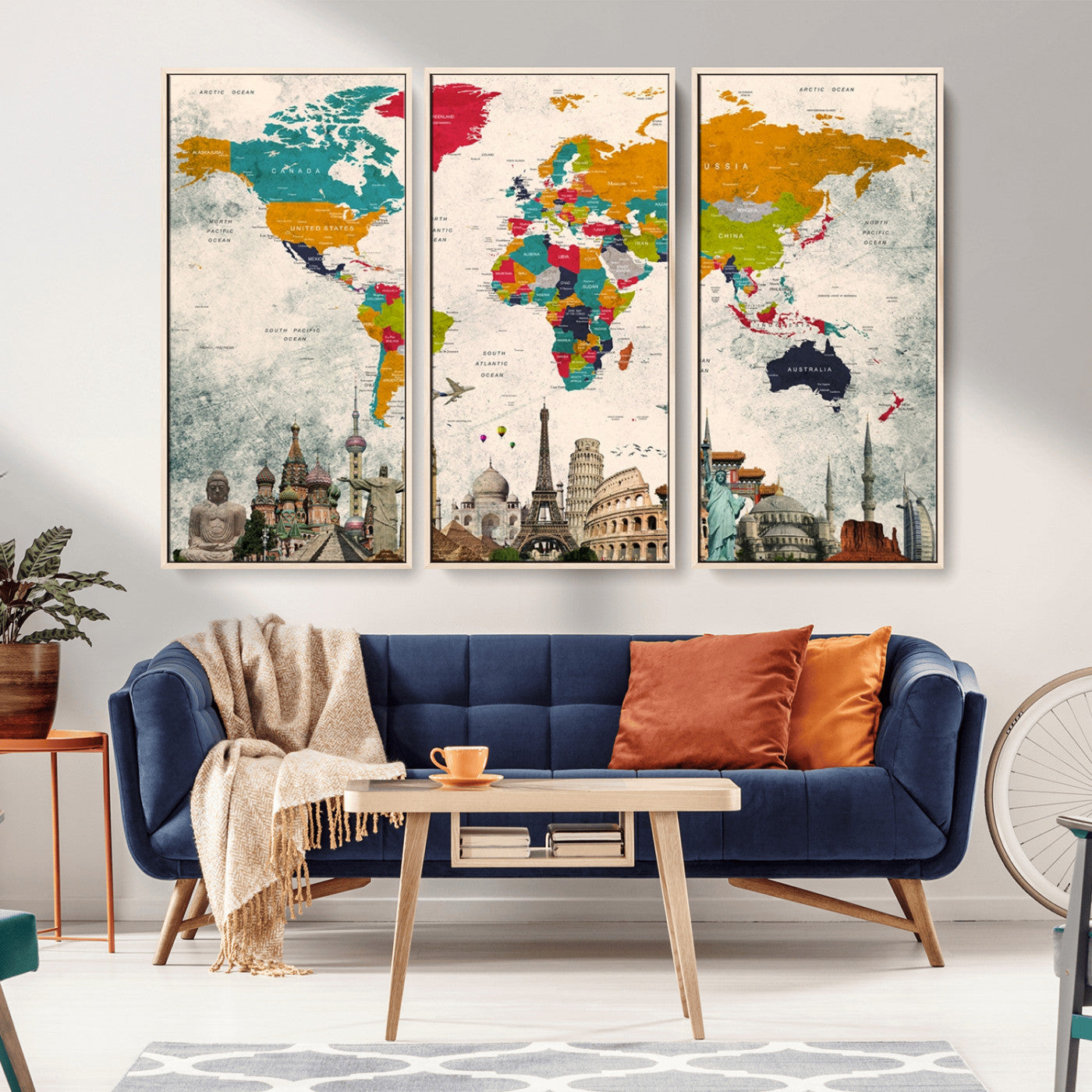 98056-MGV-CV-36X24-Colorful World Map Canvas Wall Art with Landmarks – Framed Travel Map Print for Home and Office Decor, Perfect Gift for Travel Lovers