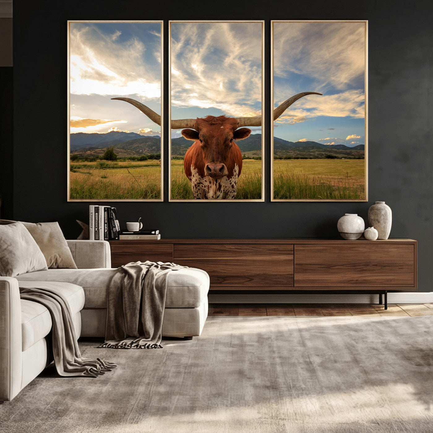 55416-MGV-CV-36X24 - Texas Longhorn Canvas Wall Art – Majestic Triptych Animal Print – Rustic Western Decor for Living Room