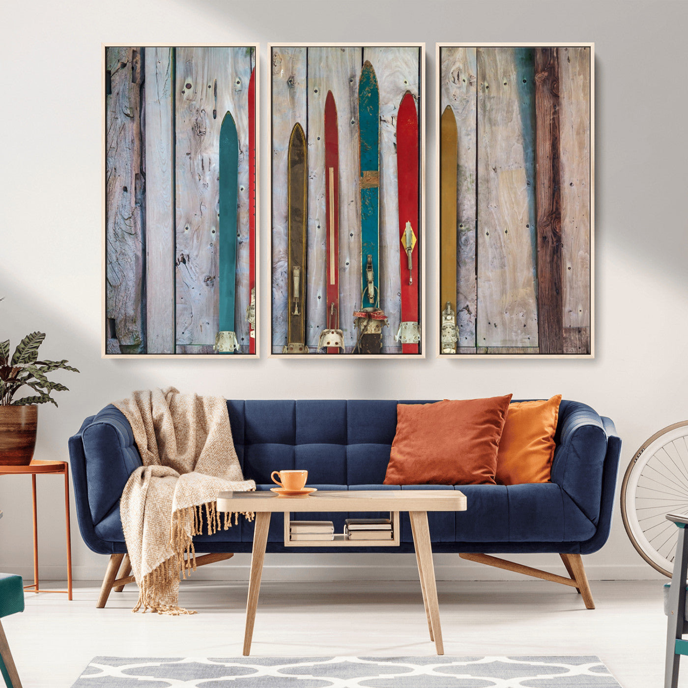 -Vintage Wooden Weathered Ski's in Front of an Old Barn Wall Art Canvas Print for Farmhouse, Cabin