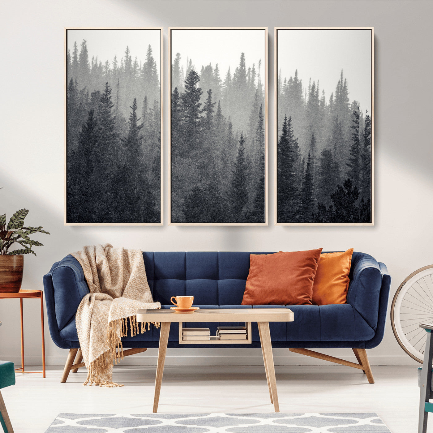92450-MGV-CV-36X24-Misty Forest Canvas Wall Art – Monochrome Triptych Pine Tree Print – Nature-Inspired Home Decor –