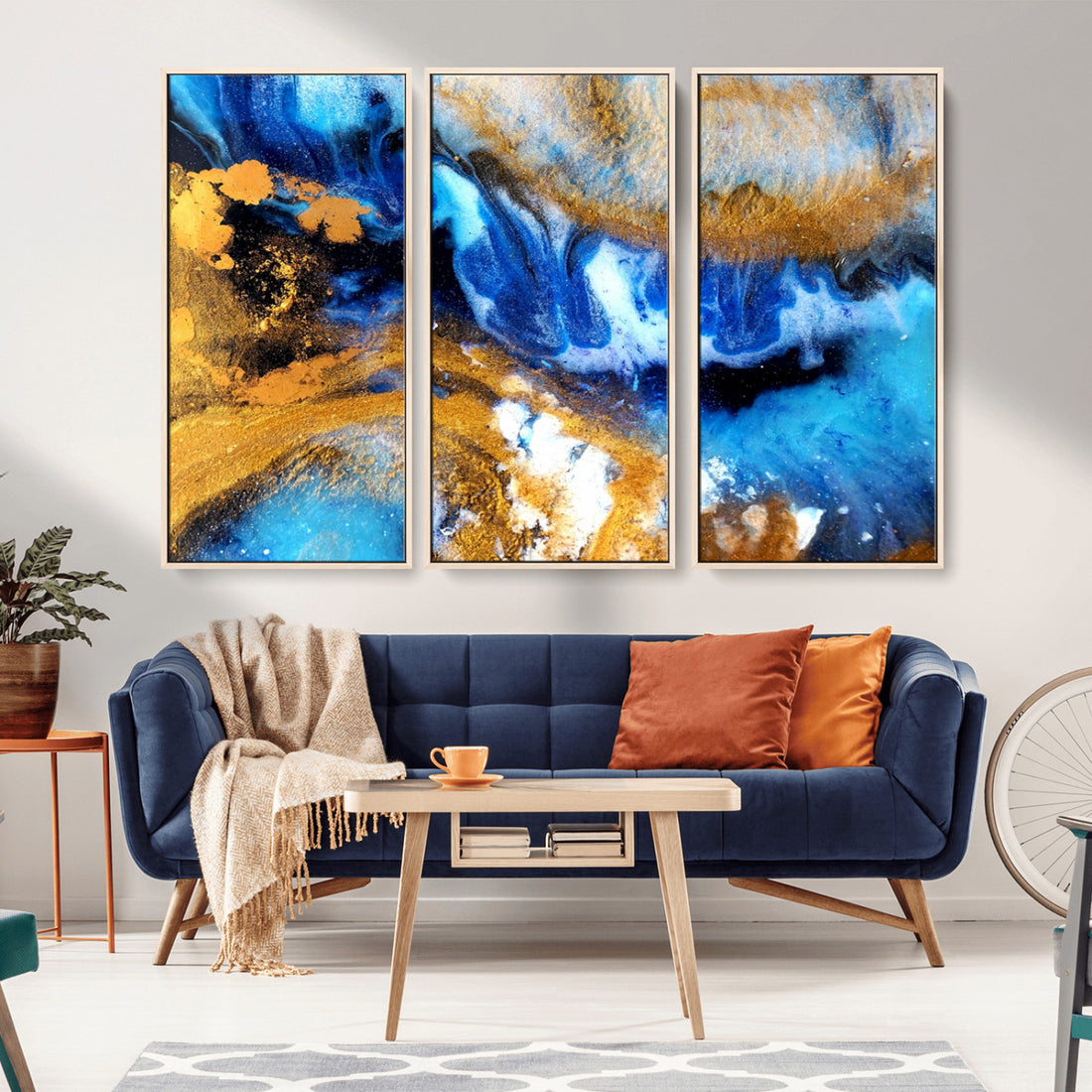 Blue Orange Marble Fluid Effect Canvas Wall Art Print