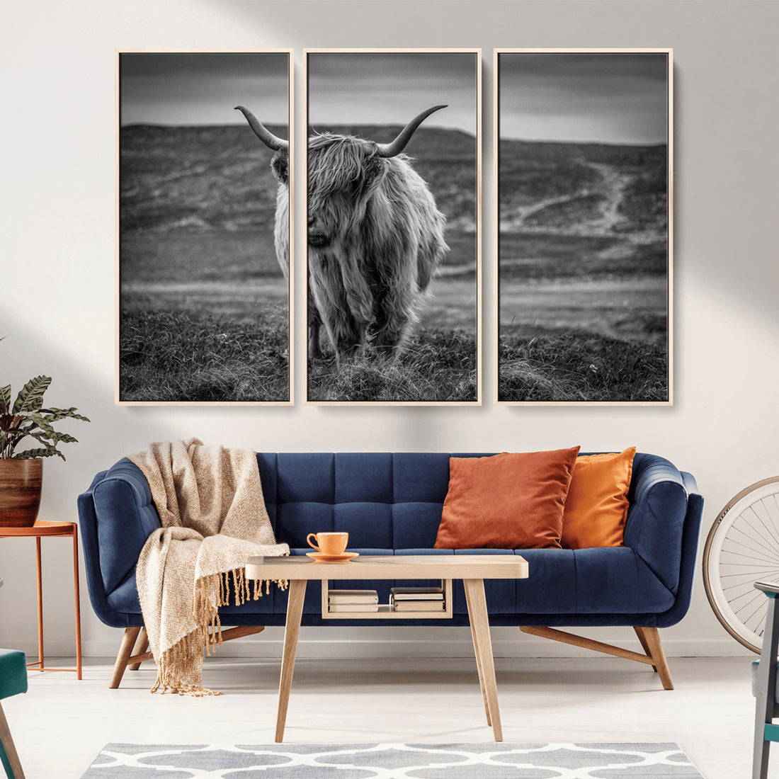 Fluffy Cattle Wall Art Print, Highland Cow Canvas, Framed Black and White Wall Art