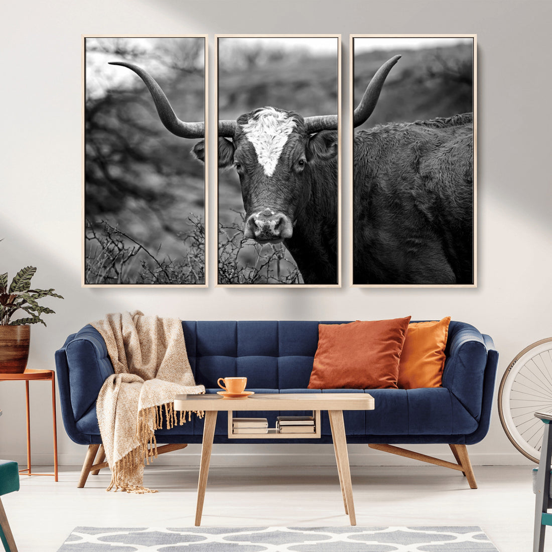 Western Home Wall Art Canvas Print, Framed Texas Longhorn Art | Rustic Cow Farmhouse Decor