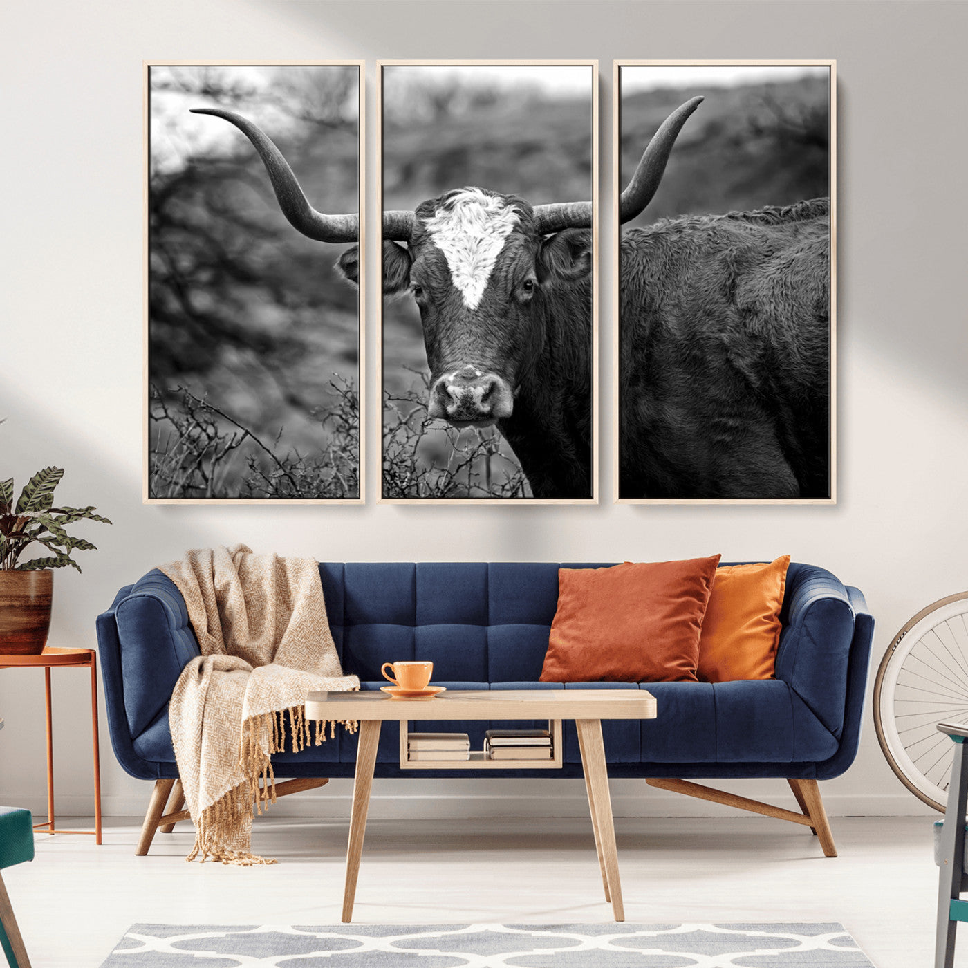-Western Home Wall Art Canvas Print, Framed Texas Longhorn Art Picture Print, Rustic Cow Perfect Rustic Farmhouse Decor Artwork
