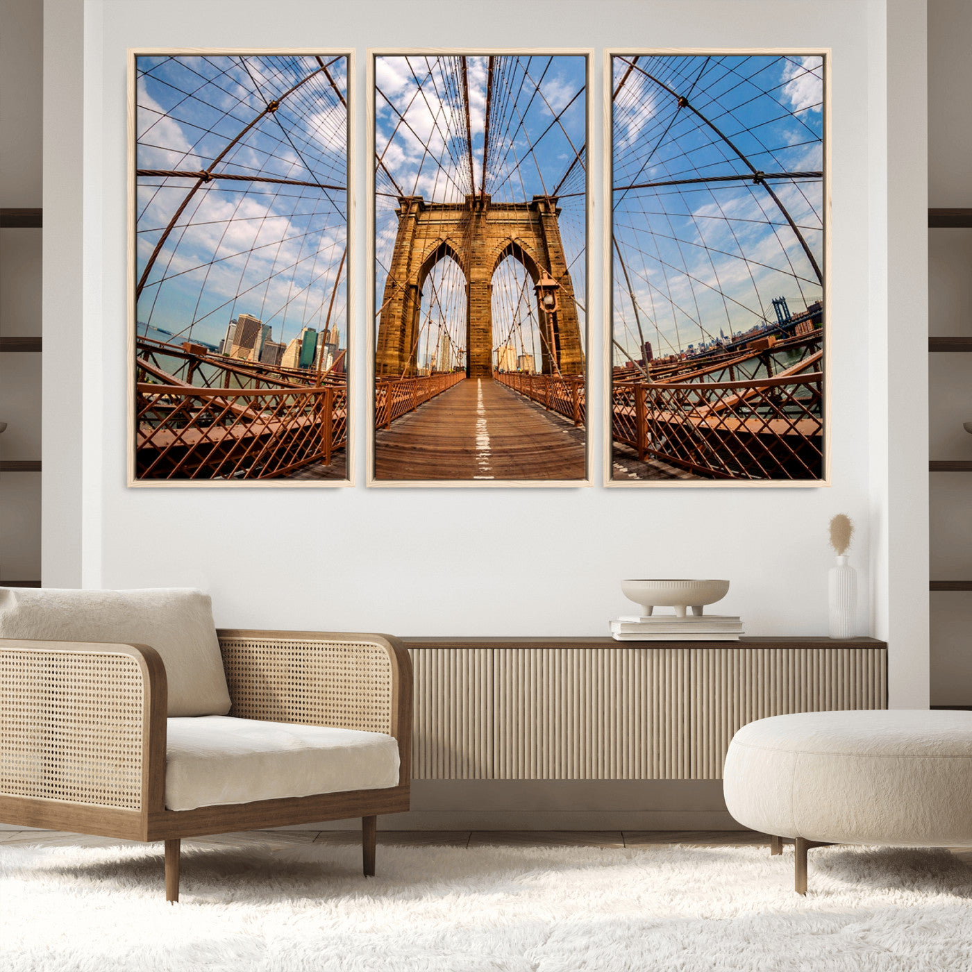 44467-MGV-FC-48X32-3P_Natural-Brooklyn Bridge Manhattan Wall Art Canvas Print