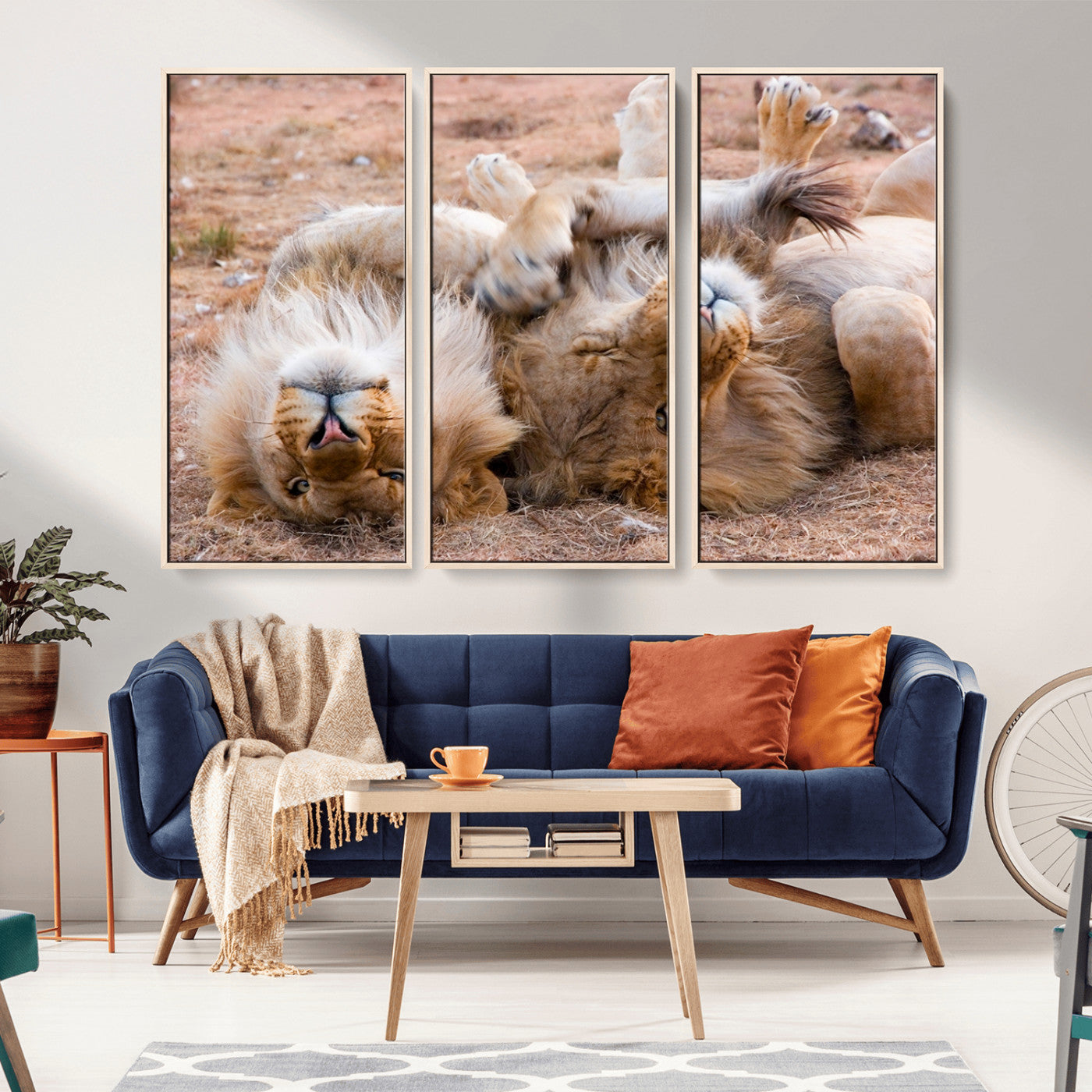 -Lion Pair Wall Art Canvas Print – Framed Wildlife Scene with Playful Lions Artwork for Home, Office, Living Room