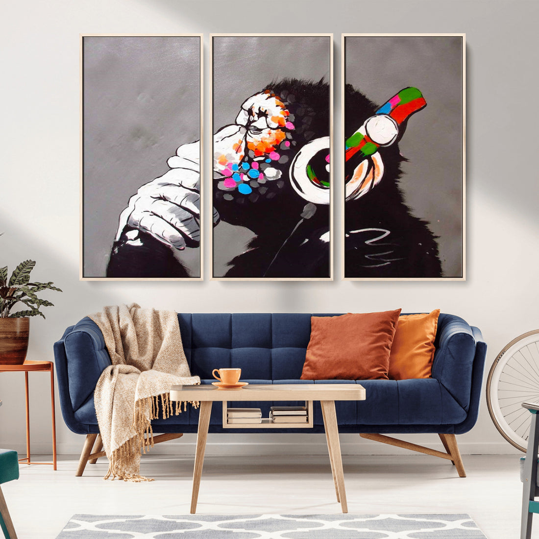 DJ Monkey Listening to Music Wall Art Print | Banksy Monkey Large Canvas Print