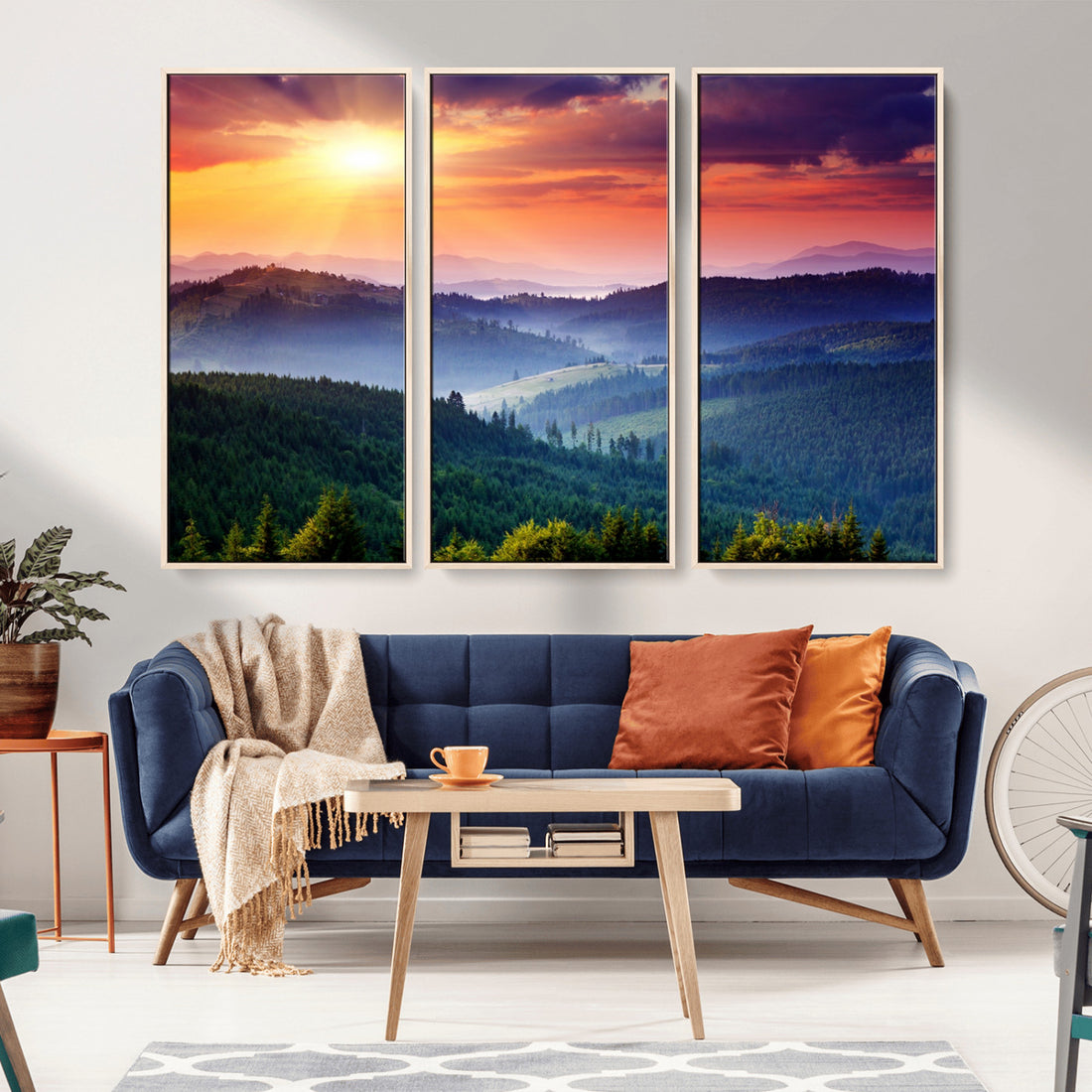 Sunset over Mountain Canvas Print, Forest Canvas Wall Art | Triptych Nature Landscape