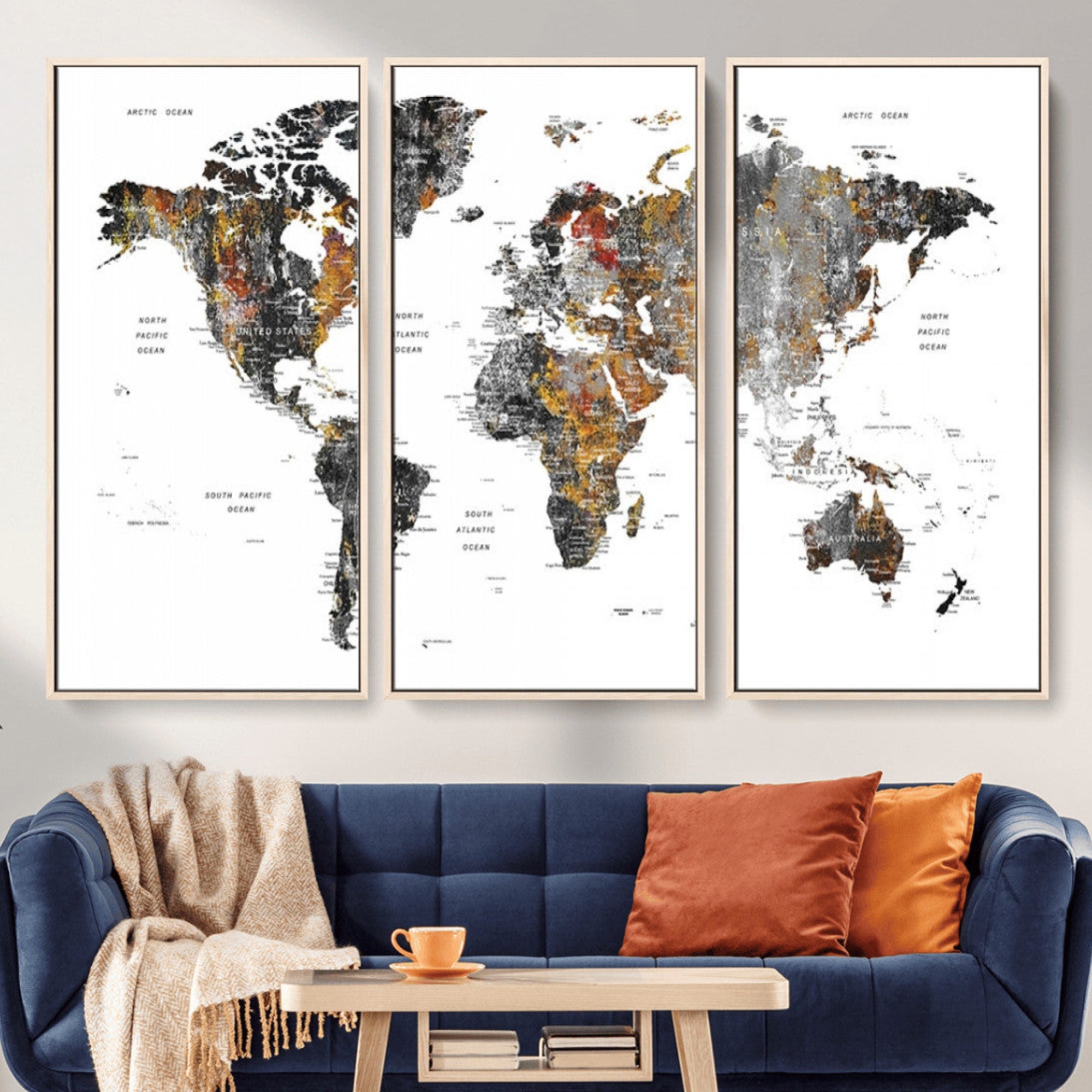 67481-MGV-CV-36X24-Modern Metallic World Map Canvas Wall Art – Framed Contemporary World Map Print, Stylish Travel Inspired Decor for Home and Office Walls
