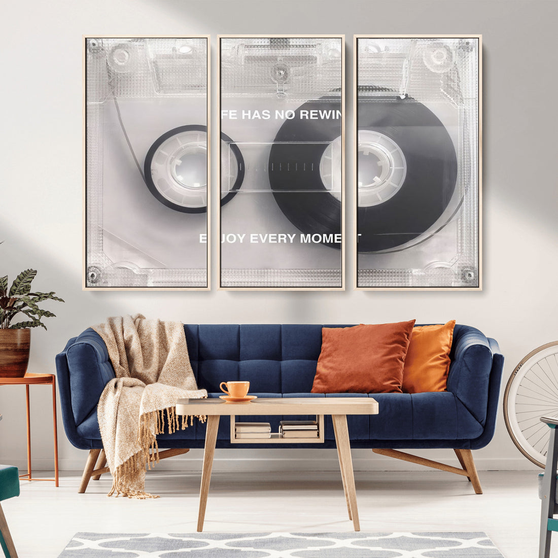 Vintage Cassette Tape Canvas Wall Art, Inspirational 'Life Has No Rewind' Quote, Retro Music Decor