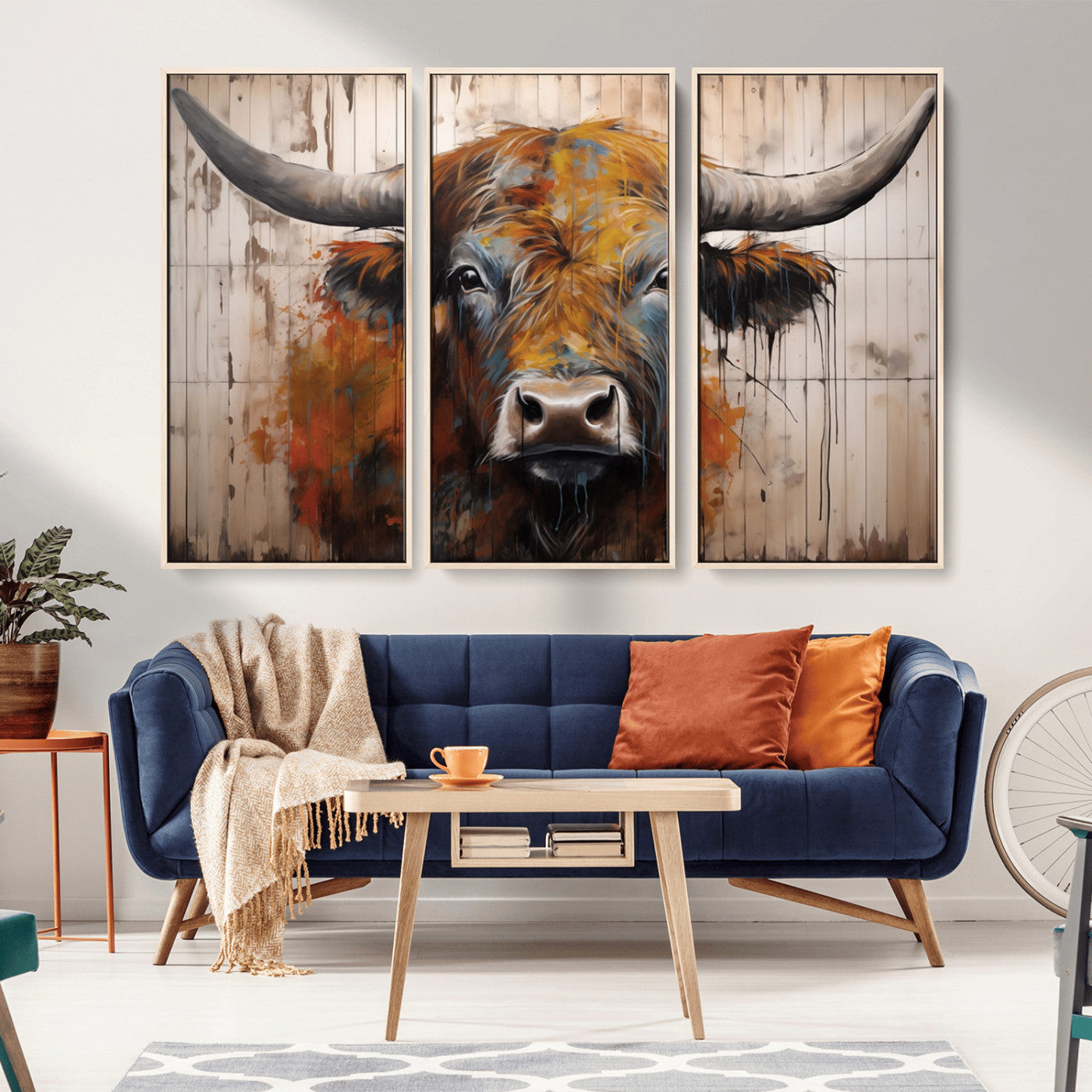 47284-MGV-CV-36X24-Scottish Highland Cow Cattle Art Print on Wood Style Background