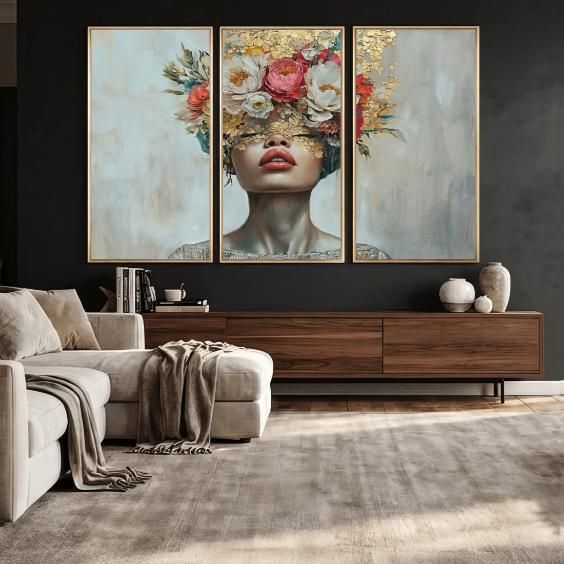 Golden Petal Wall Art Canvas Print, Silhouette Woman Wall Art, Floral Woman Portrait