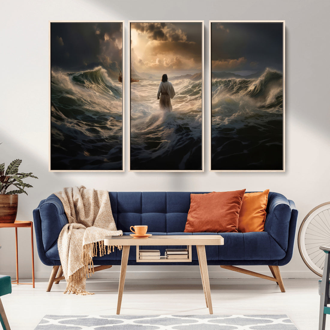 Jesus Walking on Water Wall Art Canvas Print, Religious Decor | Extra Large 3 Piece Canvas Wall Art
